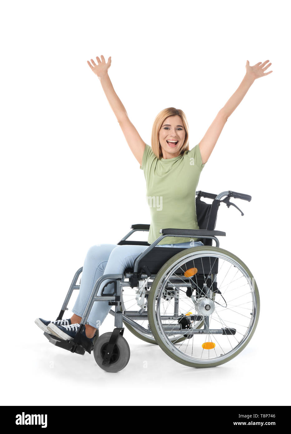 Happy woman in wheelchair on white background Stock Photo - Alamy