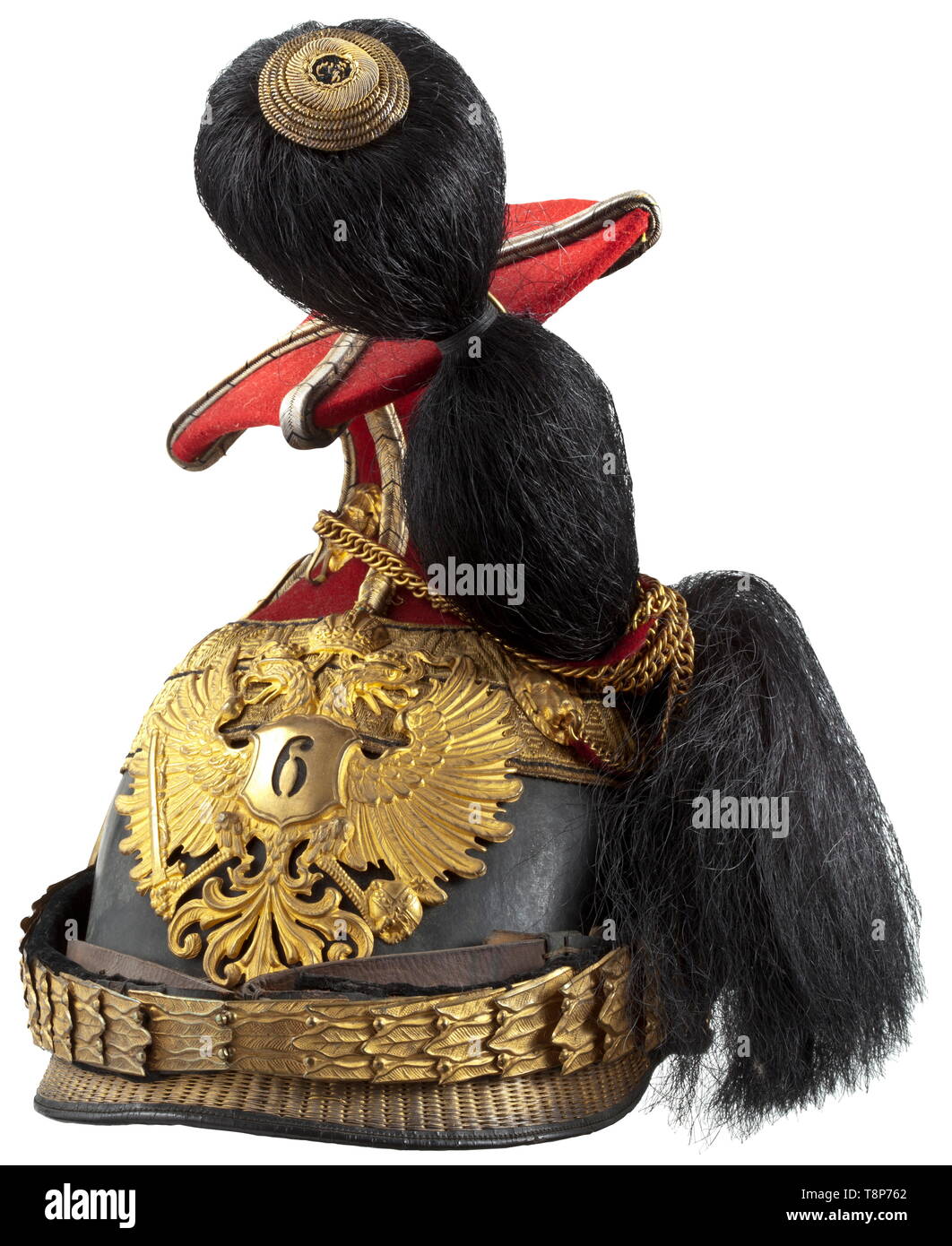 A czapka and a cartridge box of cavalry captain Hans Schönbichler from the  Austro-Hungarian Landwehr-Uhlan Regiment No. 6 Czapka with black leather  skull, madder red cloth cover, square silver cord. Gilt mounts,