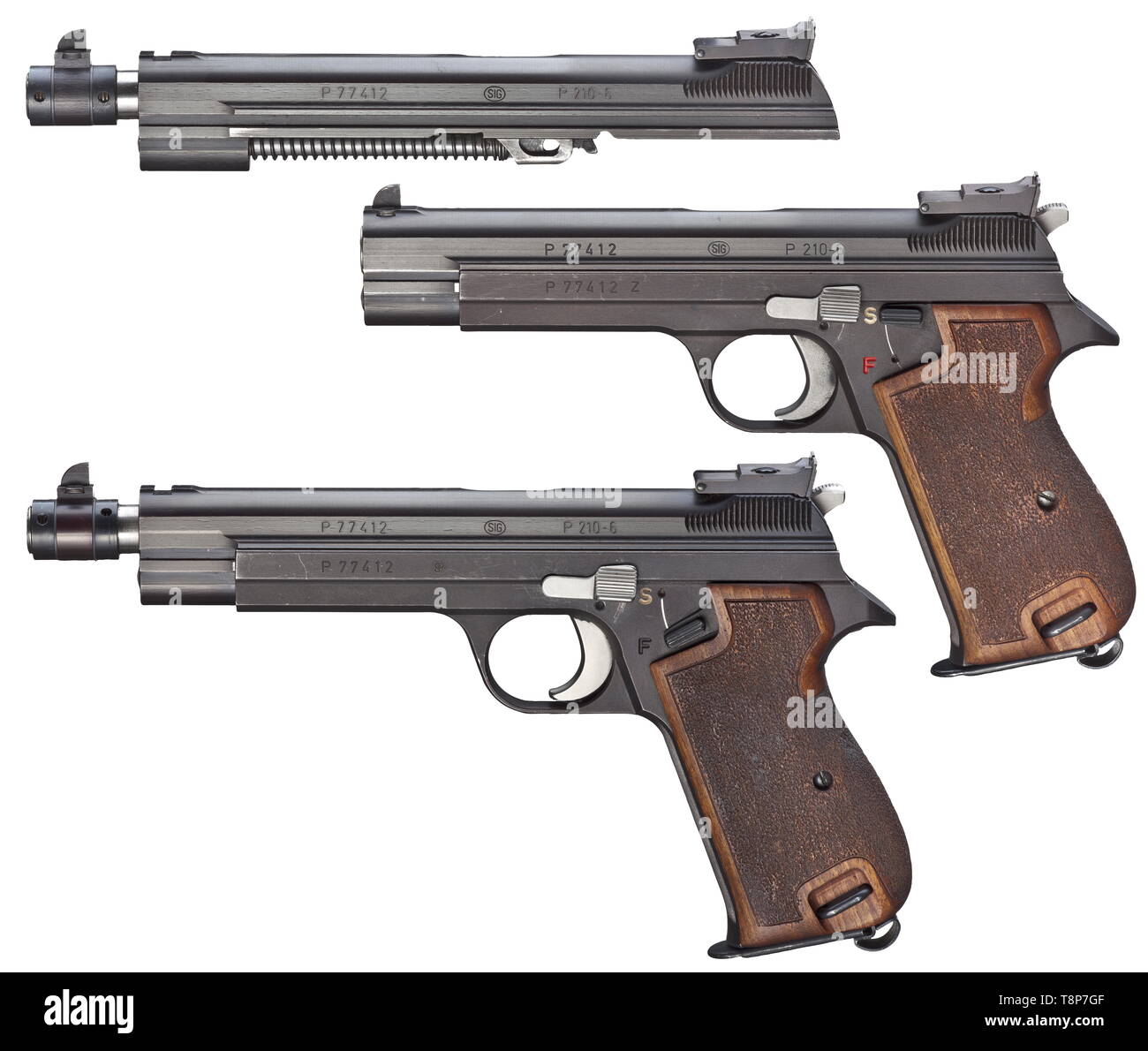 Two SIG P 210-6 sport pistols (double numbers) with conversion unit and two interchangeable barrels Pistols in calibre 9 mm Parabellum, both with no. P77412. Bright bores, barrels 120 mm and 100 mm. Conversion unit cal. 9 mm Parabellum, no. P77412, barrel 120 mm, without S/N. First interchangeable barrel in cal. 7.65 mm Parabellum, no. P77412. Second interchangeable barrel in cal..22 l.r, no. P77412. All with German proof mark. Micro sights. Sport locks. Complete original bluing. Punched walnut grip panels. Magazines. New condition. Erwerbsschein, Additional-Rights-Clearance-Info-Not-Available Stock Photo