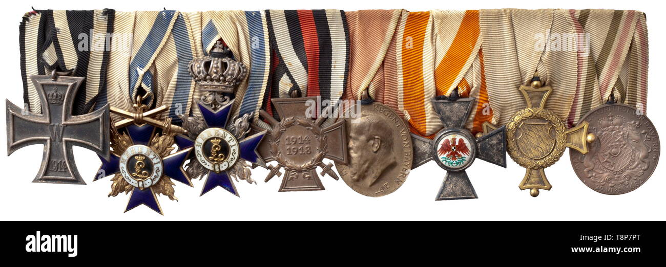 Oberstleutnant z.D. and battalion commander Ferdinand von Fleschuez - an eight-piece medals bar Medals bar with Prussia: Iron Cross 2nd Class of 1914, Bavaria: Military Merit Order 3rd Class with Swords in early world war issue by the firm Hemmerle Brothers in gold (standard punch markings), Military Merit Order 4th Class with Crown in the earliest issue by Hemmerle through 1905 but without punch marks on 20th century, Additional-Rights-Clearance-Info-Not-Available Stock Photo