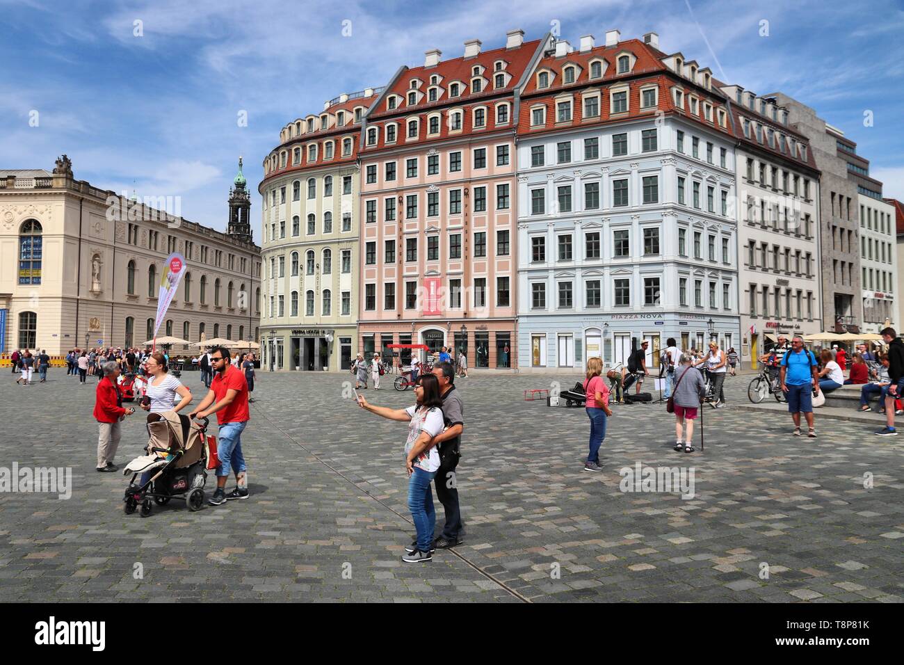 DRESDEN, GERMANY - MAY 10, 2018: People visit Neumarkt square in Altstadt (Old Town) district of Dresden, the 12th biggest city in Germany. Stock Photo