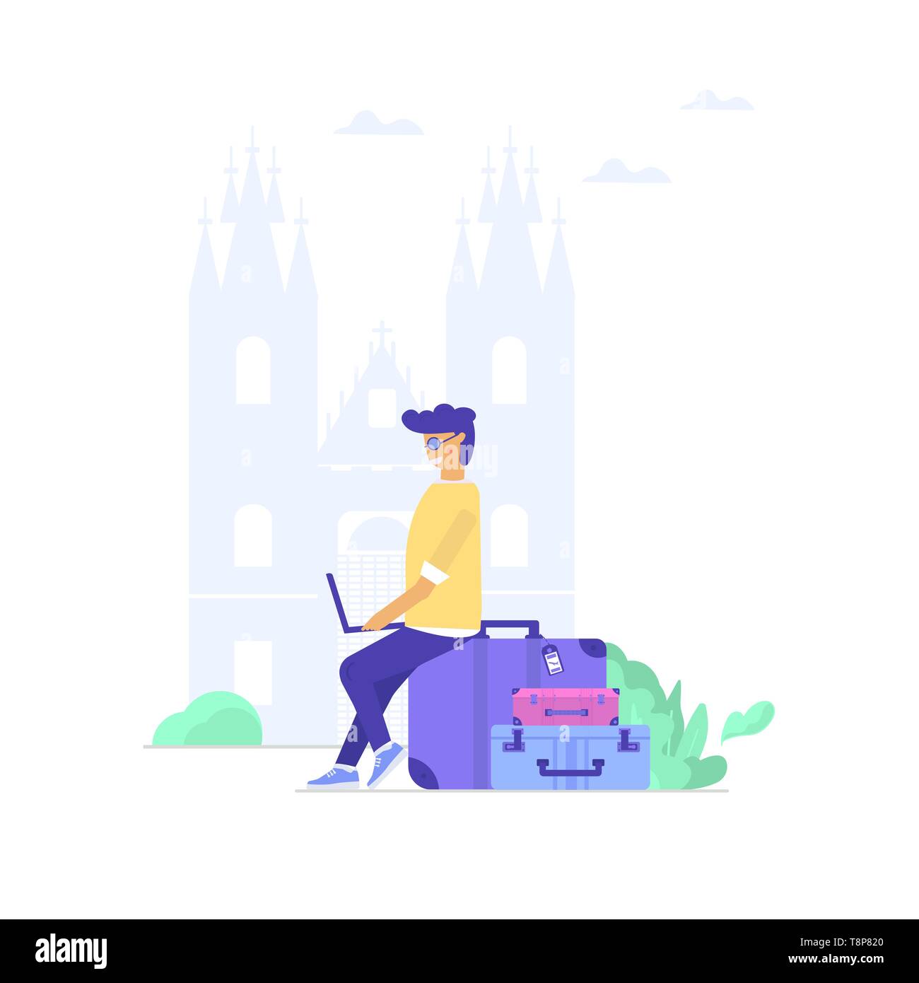 Young man with laptop, bag and baggage. Travel and tourism concept for