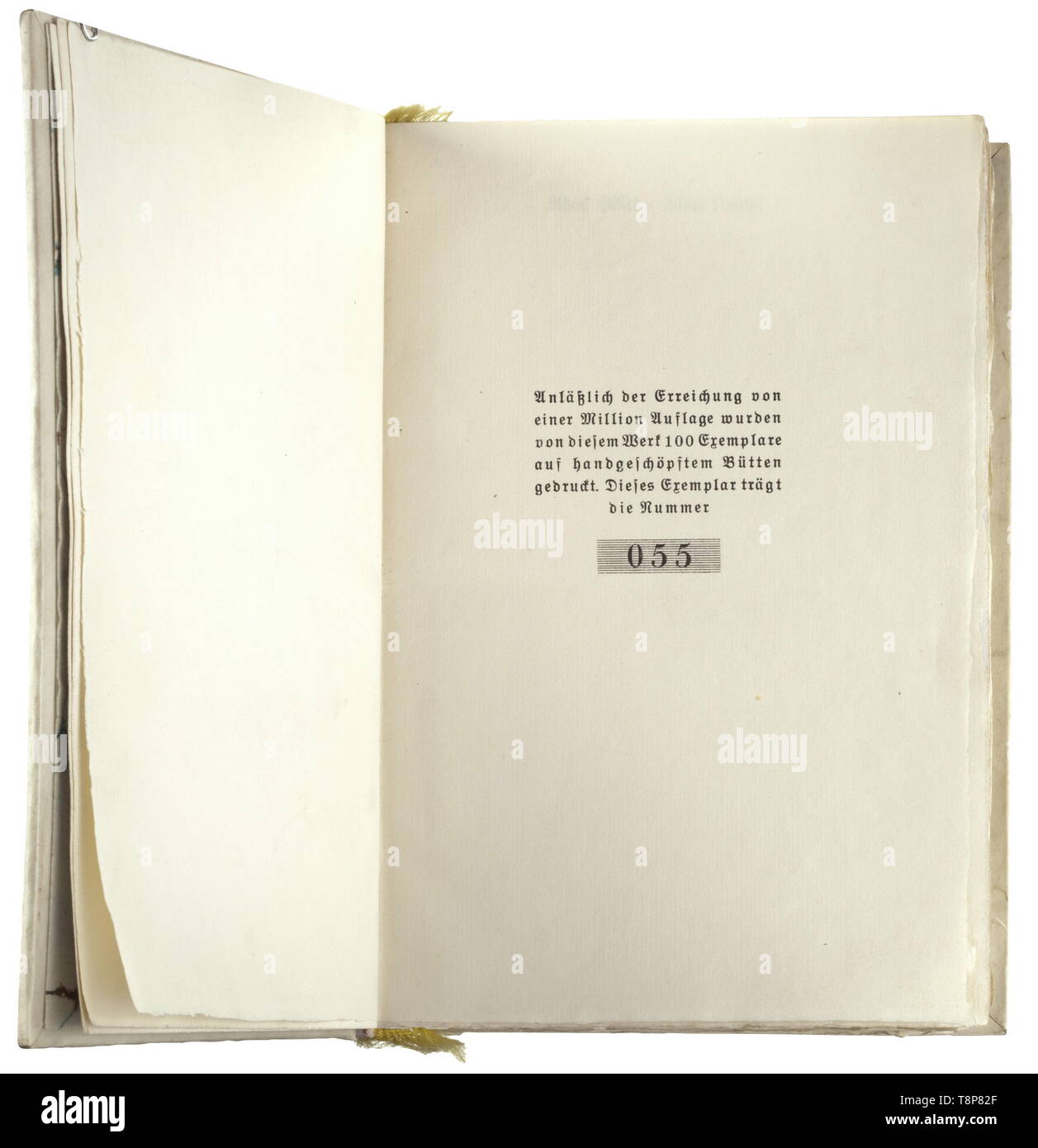 Adolf Hitler - Mein Kampf A limited deluxe edition 1933. Complete edition  with 782 pages of handmade paper. White, gold-embossed parchment-binding,  gilt upper edges. Flyleaf with inscription (tr.) "On the occasion of