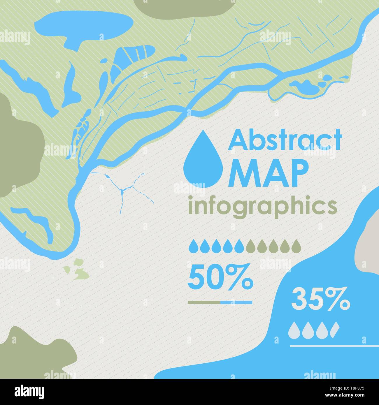 Vector abstract part of map with river, sea, island, land and forest, background backdrop for ecological, geological infographics. Stock Vector