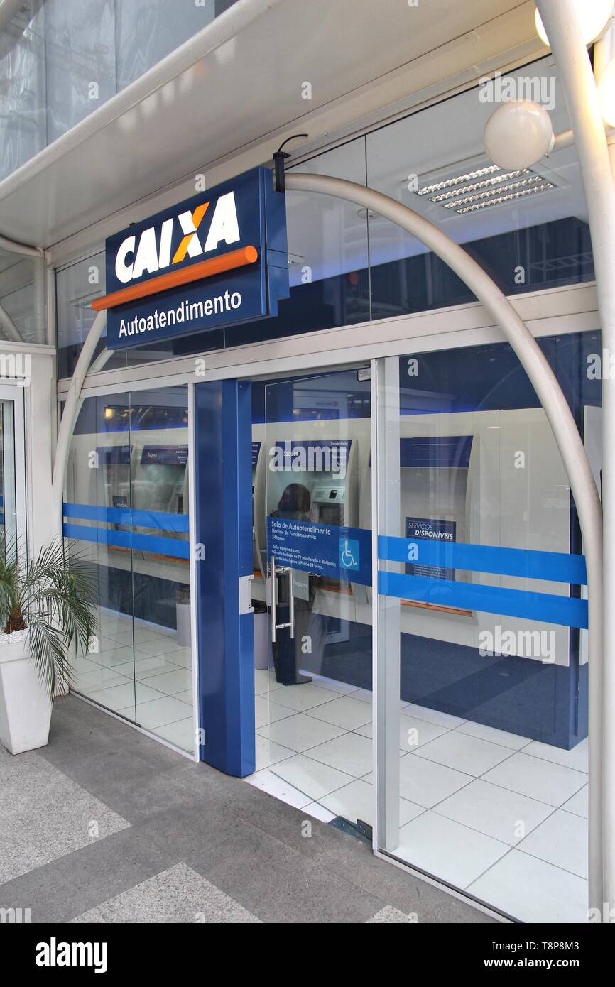 CURITIBA, BRAZIL - OCTOBER 7, 2014: Caixa Economica Federal Bank branch in Curitiba. Caixa is the 4th largest bank in Brazil by assets (some 630 billi Stock Photo