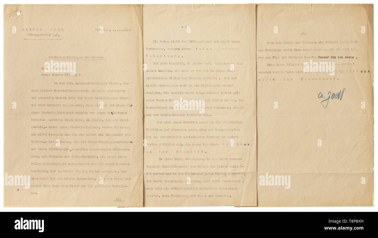 Alfred Jodl - final statement in the Nuremberg Trials Three typewritten sheets A4, on the upper left 'Alfred Jodl - Generaloberst a.D.', on the right 'Nürnberg, ....1946'. 'Final statement in the trial. Mr. President, may it please the Tribunal, it is my unshakable belief that later historians will arrive at a just and objective verdict concerning the higher military leaders [of the Third Reich] and their assistants.... For I believe and avow that a man's duty toward his people and fatherland stands above every other. To carry out this duty was for me an honor, and the high, Editorial-Use-Only Stock Photo