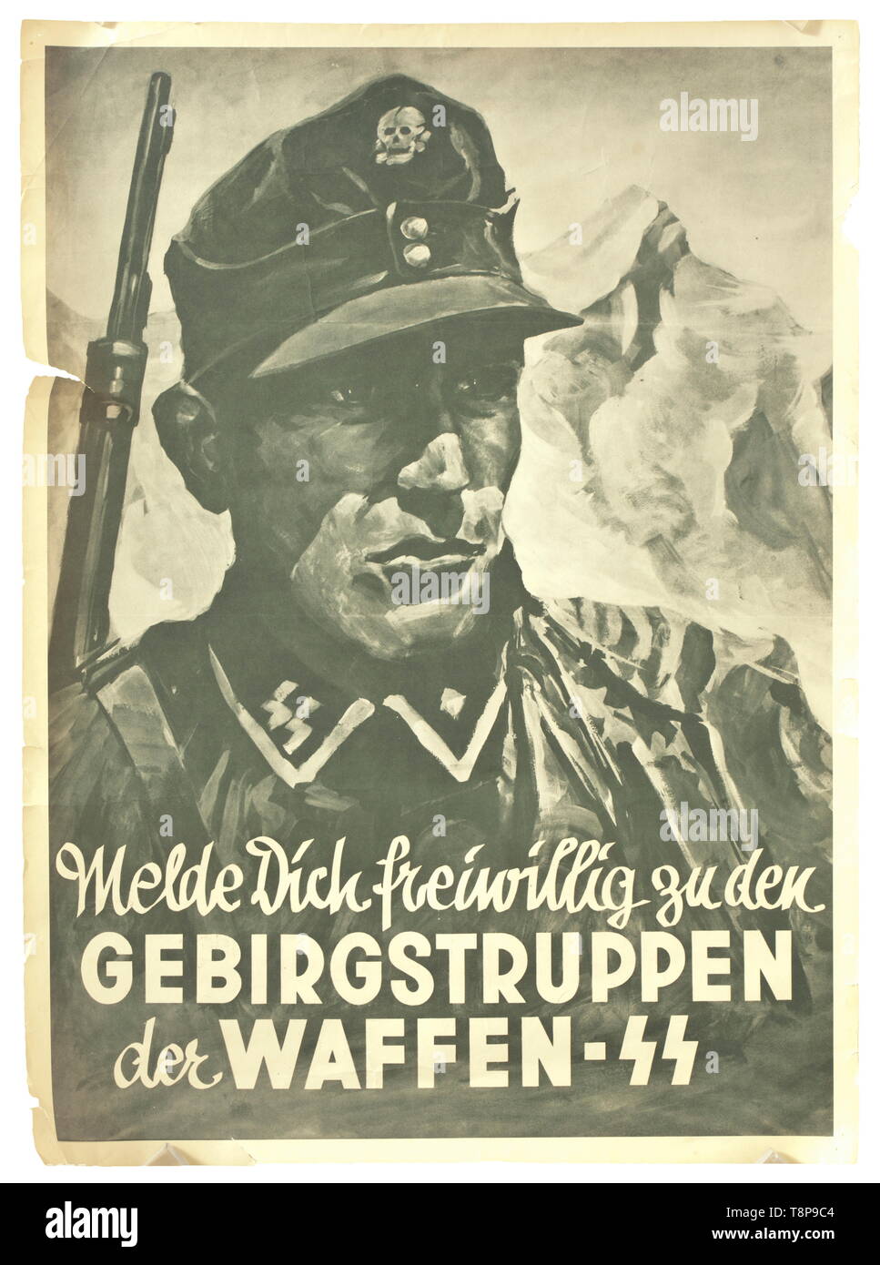 Recruitment poster 'Melde Dich freiwillig zu den Gebirgstruppen der Waffen-SS' ('Sign up voluntarily for the mountain troops of the Waffen-SS') Designed by Ottomar Anton, after 1939, issued by the SS head office/supplementary office of the Waffen-SS, Berlin W 35, dimensions 57 x 42 cm, rolled. Extremely rare. Comes with a poster relating to the referendum on 10 April 1938 on the reunification of Austria with the German Reich, portrait of Adolf Hitler, underneath 'Ja!', dimensions 42.5 x 30 cm. Both posters are damaged. Ottomar Anton (1895 - 1976), painter, graphic artist an, Editorial-Use-Only Stock Photo