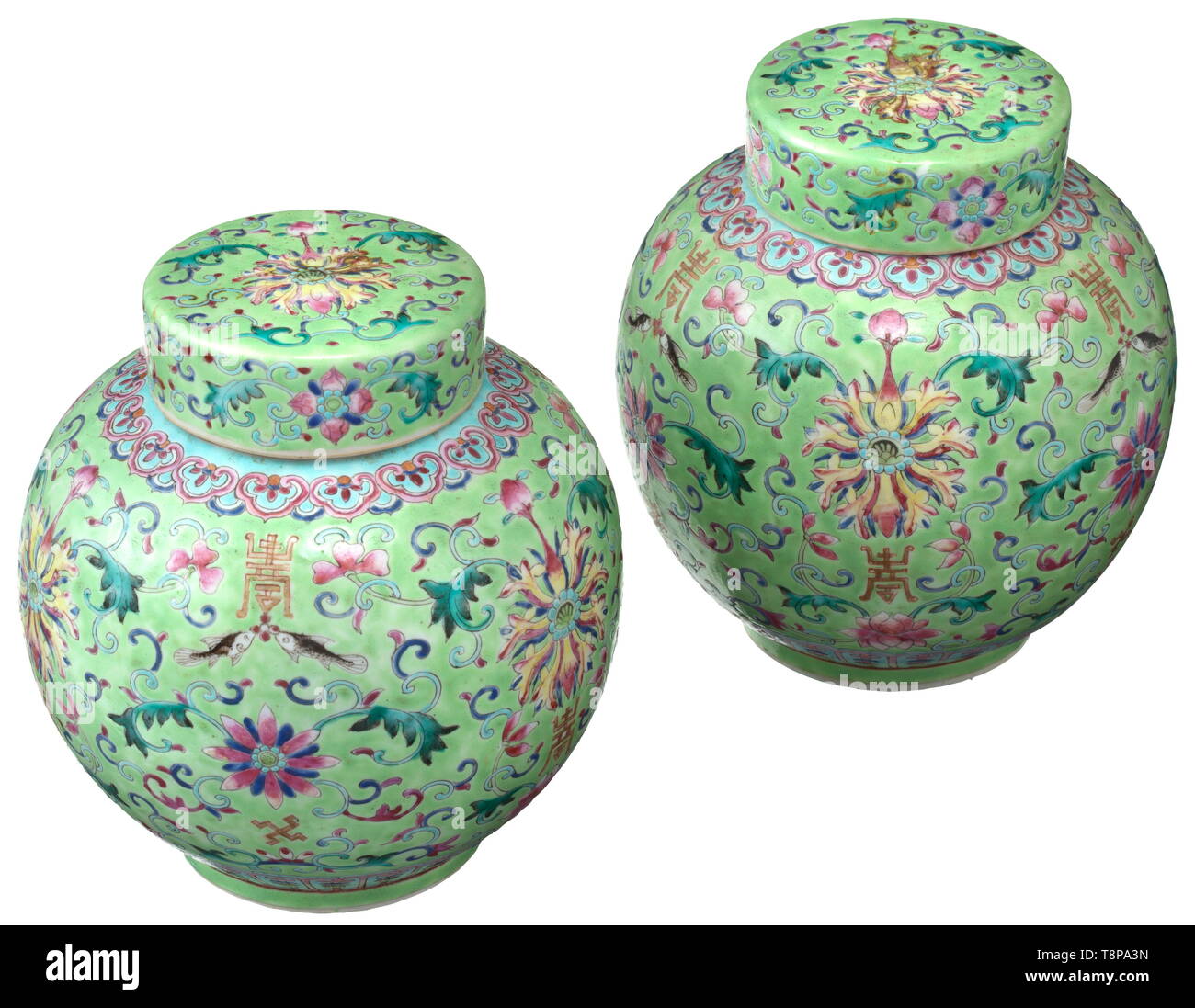 A pair of Chinese lidded vases, Qianlong Period (1736-96) Bulbous vases  with round lids. White porcelain with profuse polychrome enamel decoration  on light green ground. Both bases featuring an iron red Qianlong