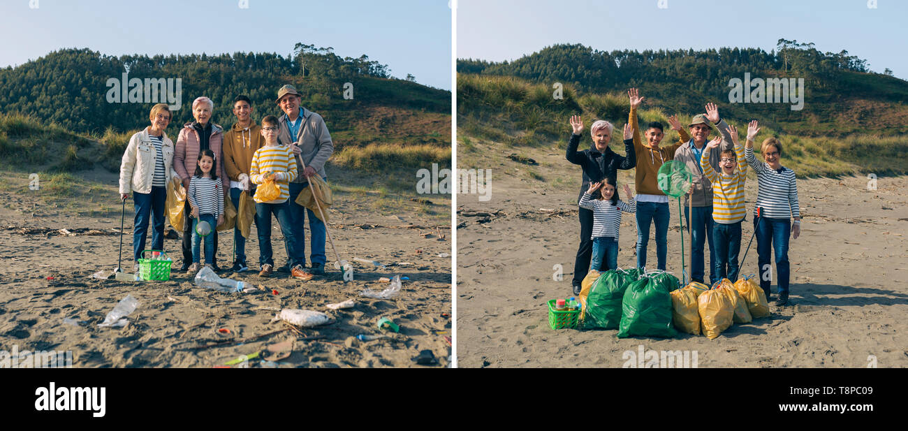 Volunteers before and after cleaning the beach Stock Photo