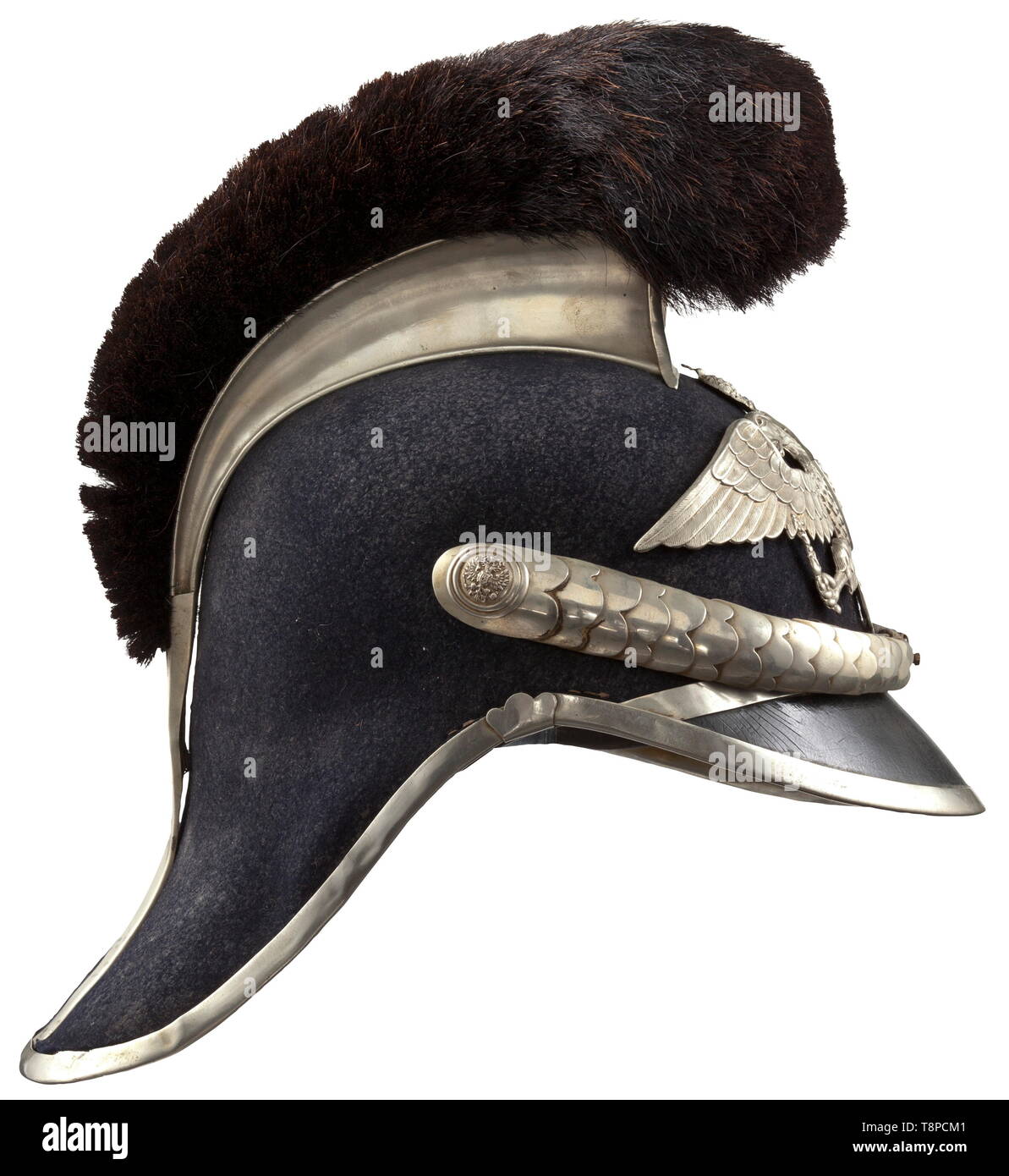 A Russian helmet for the Special Corps of the mounted country, fortress, division and railway police, from 1911 onwards Felt body, leather front visor, silver-coloured comb with horsehair crest, leather-backed chinscales, rosettes with the tsarist double-headed eagle. Applied, silver-plated double-headed eagle. Leather sweatband. Good condition. historic, historical, 20th century, Additional-Rights-Clearance-Info-Not-Available Stock Photo