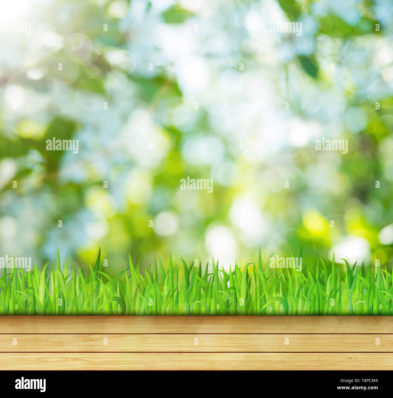 Nature background with green grass and wooden floor Stock Photo - Alamy