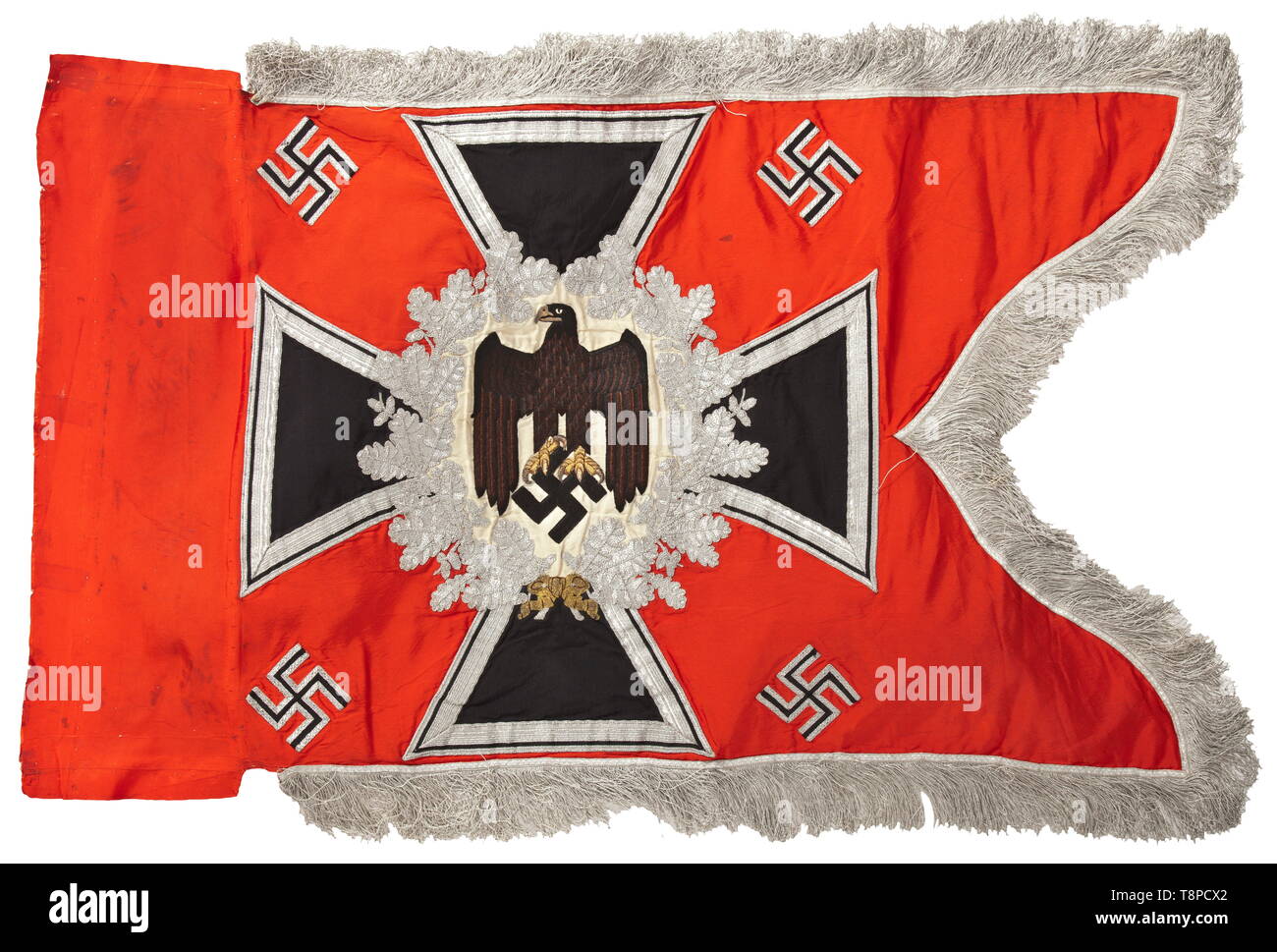 A standard of the artillery Bright red flag cloth, both faces display an army eagle hand-embroidered in black and brown on cream-coloured silk, the beak and talons rendered in raised gold embroidery, surrounded by a silver-embroidered oak leaf wreath on an Iron Cross, four appliqué swastikas in the corners. Silver fringe on three sides. Open cloth sleeve with numerous nail holes. Minimal signs of age, with bright colours. Dimensions 60 x 75 cm. Included is the multi-piece flagpole made of black painted ash wood with metal fittings. Aluminium fini, Additional-Rights-Clearance-Info-Not-Available Stock Photo