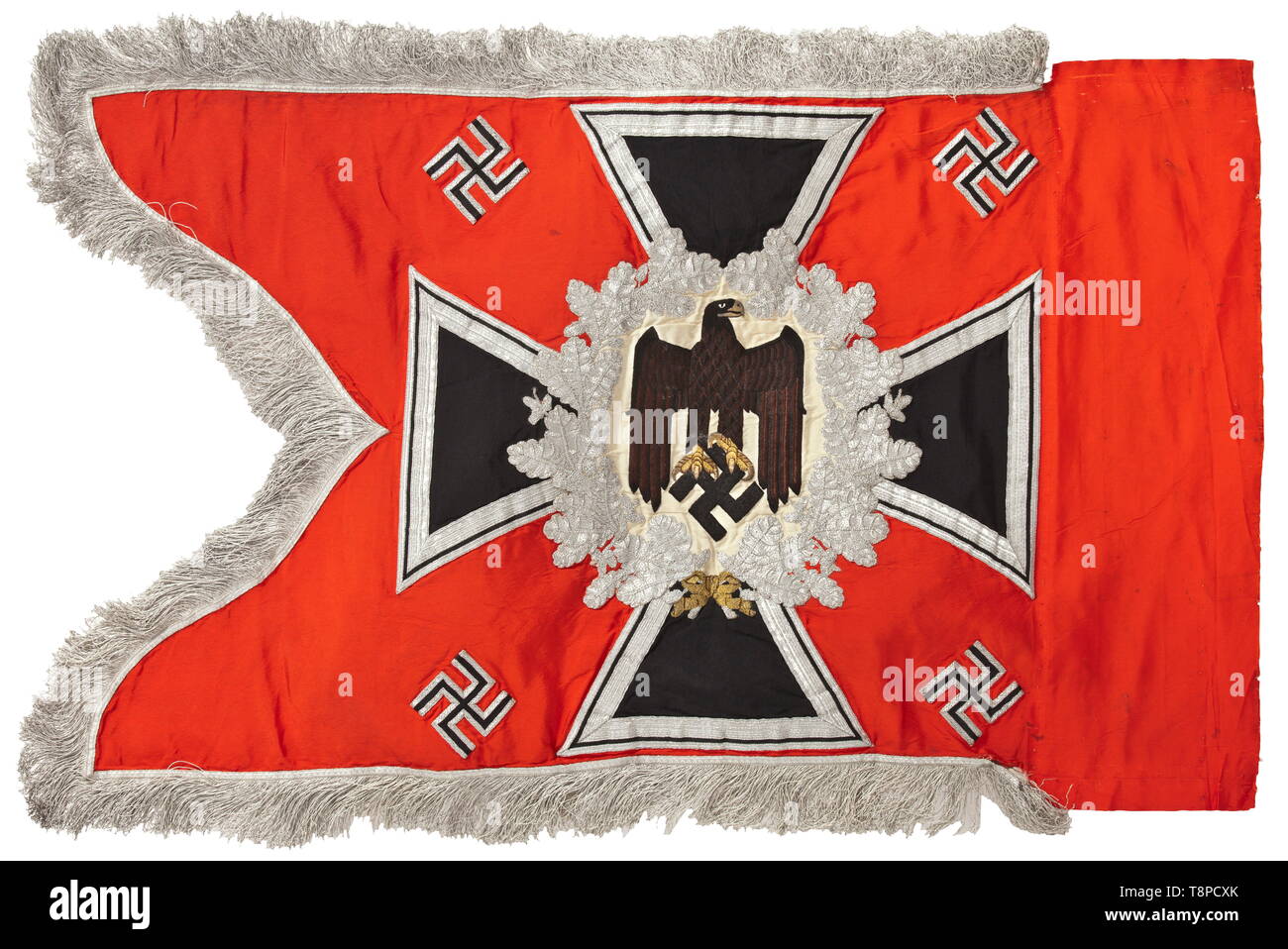 A standard of the artillery Bright red flag cloth, both faces display an army eagle hand-embroidered in black and brown on cream-coloured silk, the beak and talons rendered in raised gold embroidery, surrounded by a silver-embroidered oak leaf wreath on an Iron Cross, four appliqué swastikas in the corners. Silver fringe on three sides. Open cloth sleeve with numerous nail holes. Minimal signs of age, with bright colours. Dimensions 60 x 75 cm. Included is the multi-piece flagpole made of black painted ash wood with metal fittings. Aluminium fini, Additional-Rights-Clearance-Info-Not-Available Stock Photo