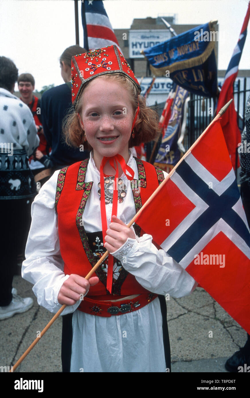 Portrait at of a young girl at the Norwegian Parade in the Bay Ridge neighborhood, Brooklyn, New York. Stock Photo