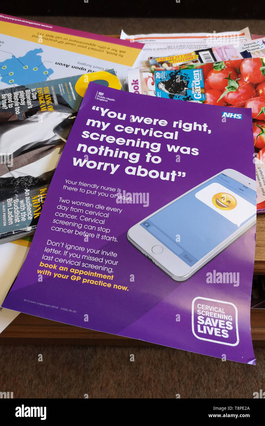 A leaflet with advice for patients about Cervical Screening seen in an NHS local doctors surgery waiting room in Warwickshire, UK, On May 14, 2019. Stock Photo