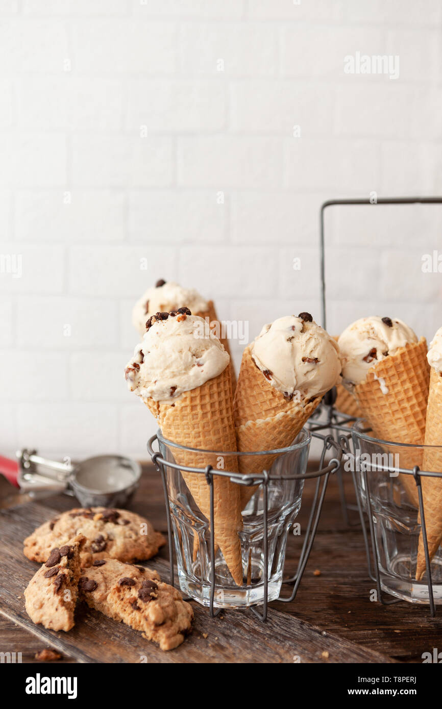 Delicious chocolate chips cookie ice cream in waffle cones Stock Photo
