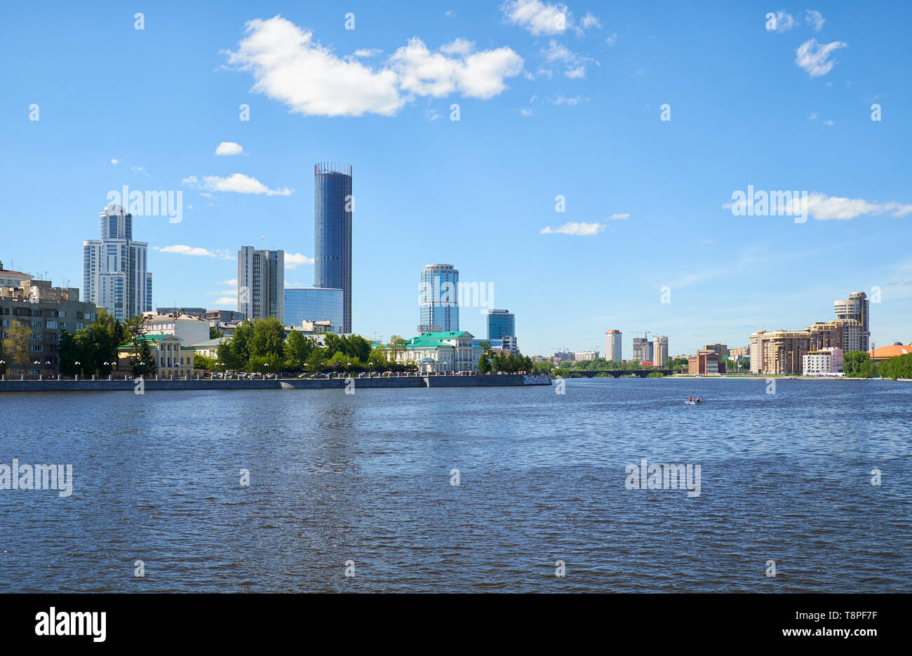 View of the Iset River and the Working Youth Olympic embankment. Ekaterinburg, Russia Stock Photo