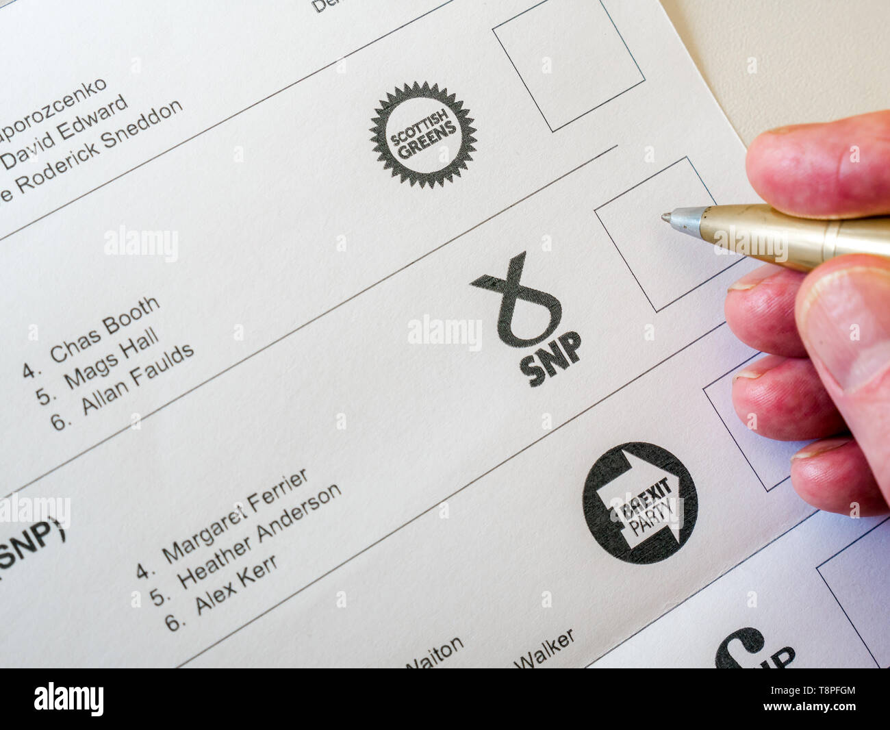 Man Voting On Ballot Paper For Scottish National Pparty Snp In European Parliament Election Scotland May 2019 Stock Photo Alamy