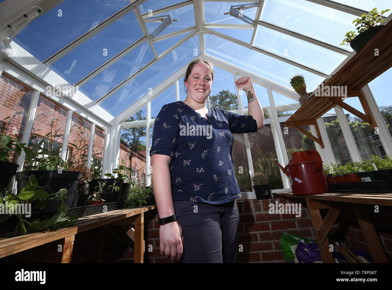 Former RAF medic and now staff member Rachel Williamson, who used to be a patient at the Defence Medical Rehab Centre's former site in Headley Court, and who also took part in the Invictus Games in Sydney - winning two gold medals, three silvers and one bronze - pictured in the Neuro garden during a media tour of the Defence Medical Rehab Centre (DMRC), which has opened its doors to the media for the first time since relocating to the Stanford Hall Rehabilitation Estate near Loughborough. Stock Photo