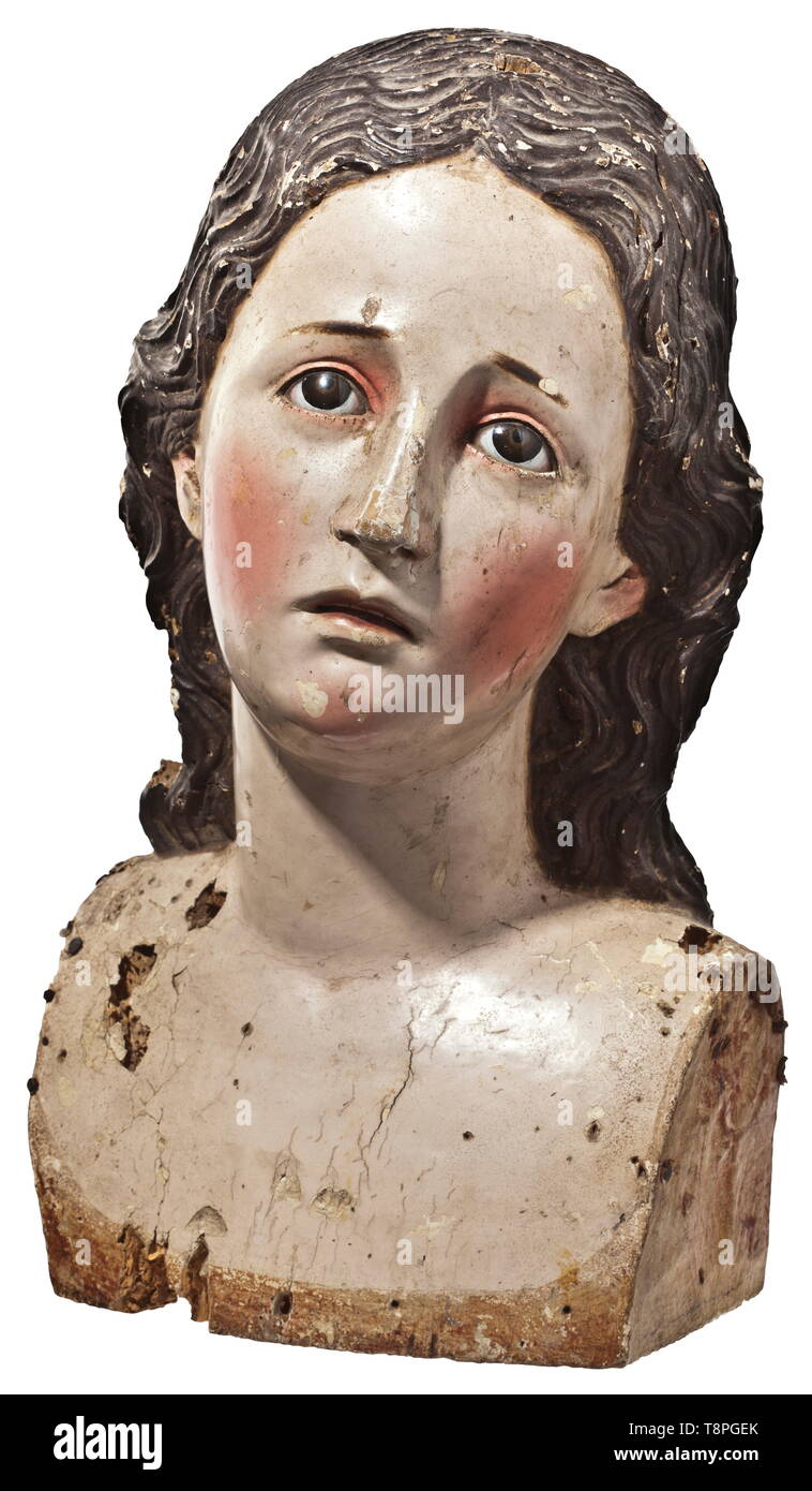 Mary Magdalene, France/Italy, 17th/18th century Carved lime wood bust of Mary gazing at the cross, with inserted glass eyes. Colour partially bumped, some worming, especially at the lower edge of the hair. Height 38 cm. historic, historical, fine arts, art, 18th century, 17th century, Additional-Rights-Clearance-Info-Not-Available Stock Photo