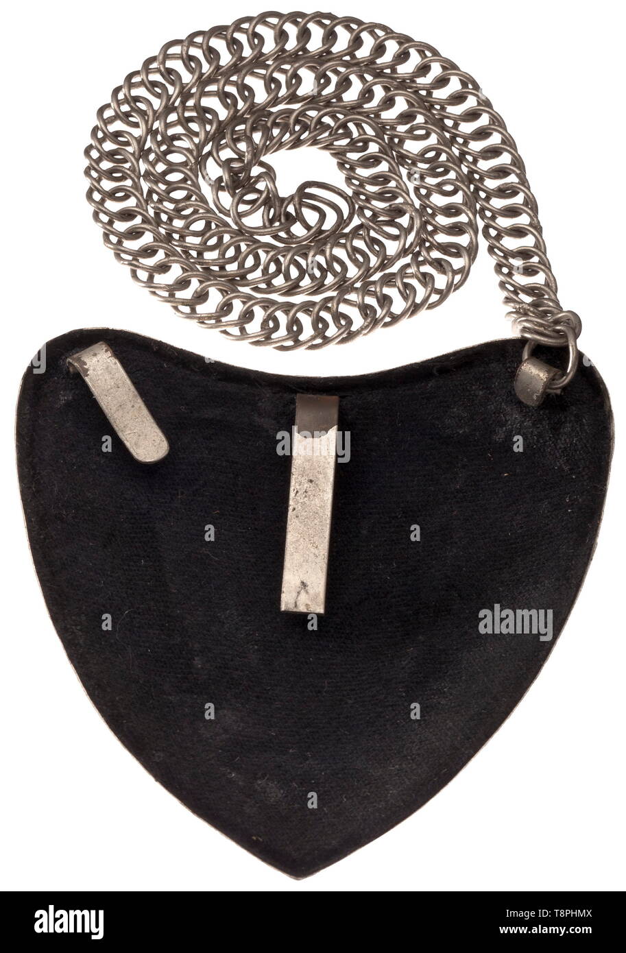 A gorget for standart bearers of the SA variant issue Heart-shaped, nickel-plated and polished shield with gilt corner rosettes. At the centre a pin-affixed, eight-rayed silvered sun with a silvered SA eagle on a red enamelled disc. Unrounded arresting clasp, black liner, nickel-plated chain. The usage of this gorget is unknown. From the 1920s on, many different gorgets were worn by flag bearers. Deeter/Odegard depict it on p. 28 of 'Gorgets of the Third Reich' and consider it a model for the open market. It may also be a specimen piece for a sales agent, used by SA corps l, Editorial-Use-Only Stock Photo
