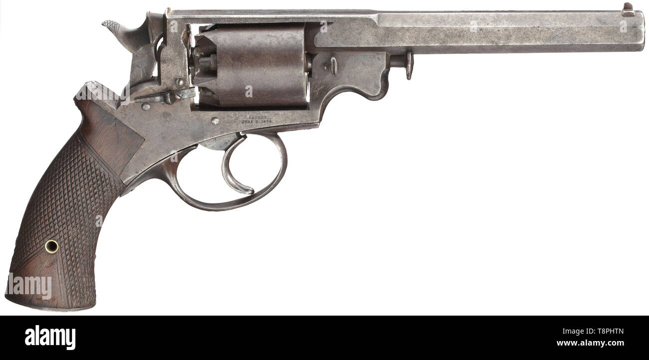 A Beaumont-Adams, Massachusetts Arms, 2nd model, in its case, USA, circa 1860 Cal..380 Perc.(?), no. 611. Octagonal barrel, bright bore, length 6'. Five shots. Safety notch. Kerr bullet starter. On frame bridge three-line signature 'Manufactured by / MASS. ARMS CO. / Chicopee Falls'. Bullet starter 'Kerr's Patent / April 14, 1857'. Bottom left of frame 'Adam's Patent / May 3, 1858', on the right 'Patent / June 3, 1856'. Original matt, spotted finish. Dark walnut grip panel with factory-made edged bore for unknown reason. Lock mechanism doesn't wo, Additional-Rights-Clearance-Info-Not-Available Stock Photo