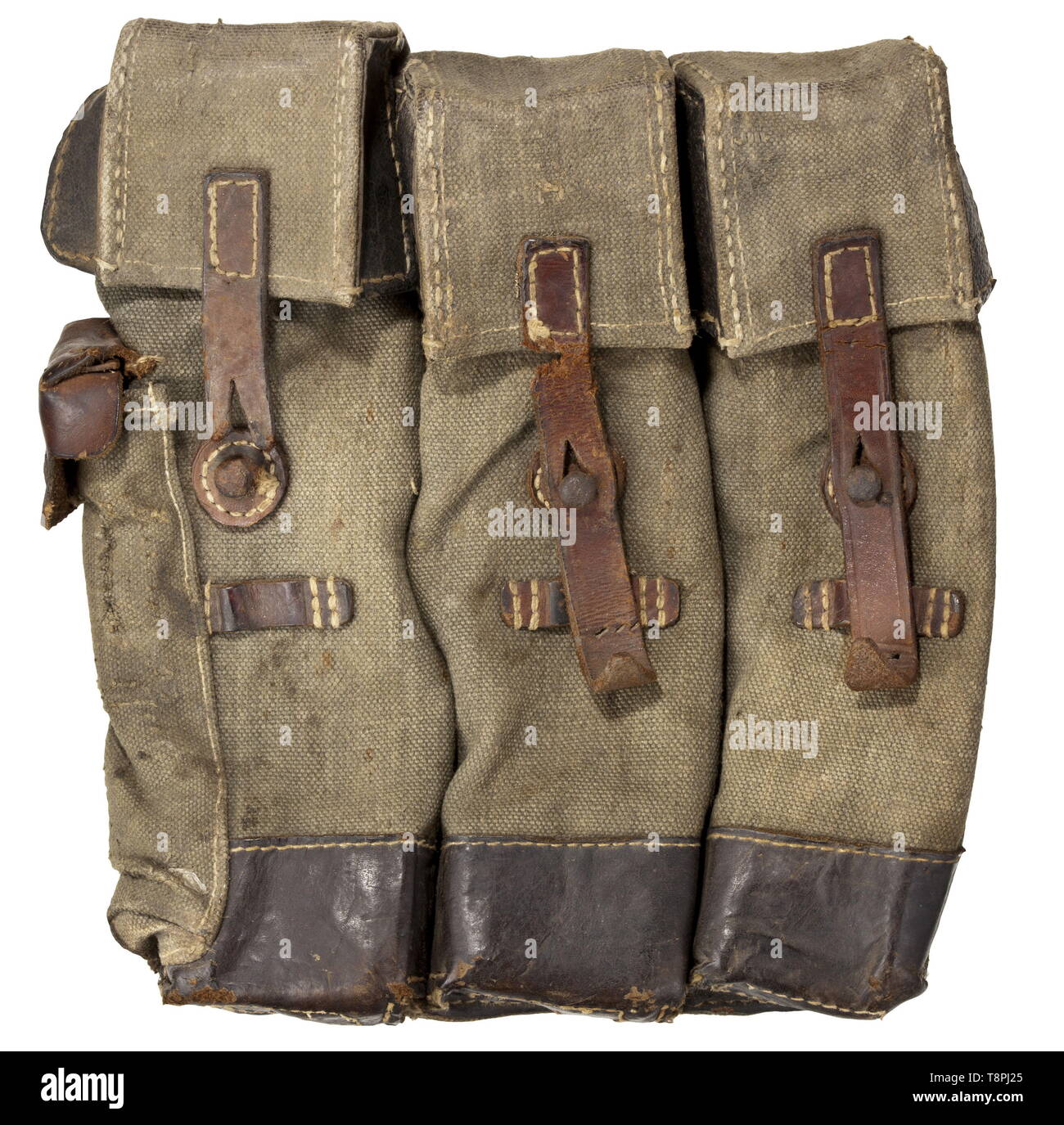 A magazine pouch for MP 43/44, StG 44 belt loop coded 'f(?) 40' Khaki-coloured, rough woven linen with leather-reinforced bottom and leather fittings. Side compartment for accessories like magazine loader etc. Leather-reinforced steel buttons in rust film. Leather belt loops, one with D-ring. One closing strap torn, another one ripped. historic, historical, 20th century, Editorial-Use-Only Stock Photo