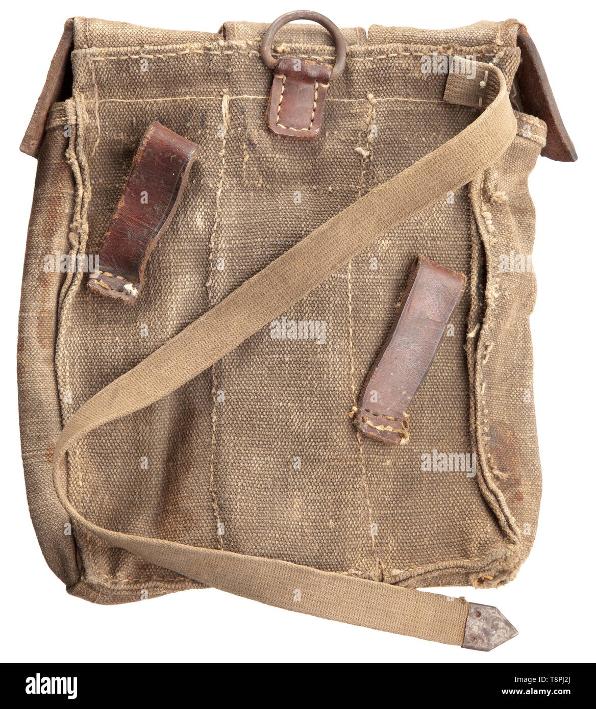 A magazine pouch for MP 43/44, StG 44 late version without code or manufacturer Khaki-coloured, rough and sewn-up woven linen with leather fittings. Leather-reinforced steel buttons. D-ring. Stitches of belt loops partly torn. Webbing straps. historic, historical, 20th century, Editorial-Use-Only Stock Photo