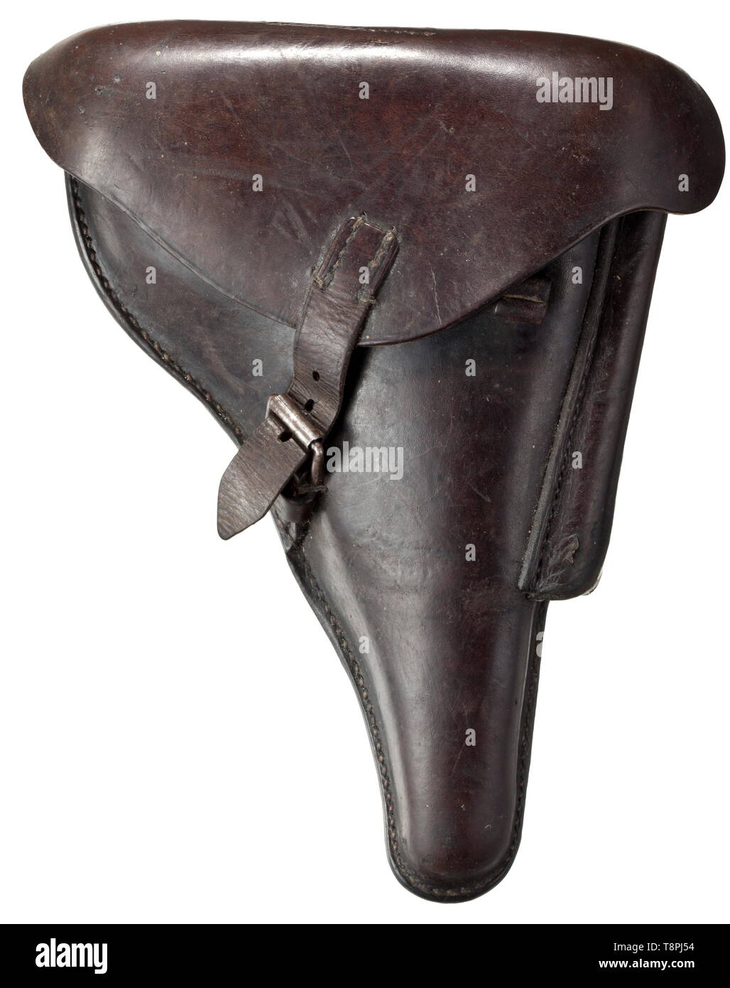 A holster for the P.08 manufacturer 'O. Reichel / Langenfeld / 1939', acceptance eagle/WaA300 Blackish-brown, sturdy cowhide, prong-clasp. Lateral magazine pocket. Key slot. Stitching and straps in order. The holster is improvable by careful cleaning. historic, historical, 20th century, Editorial-Use-Only Stock Photo
