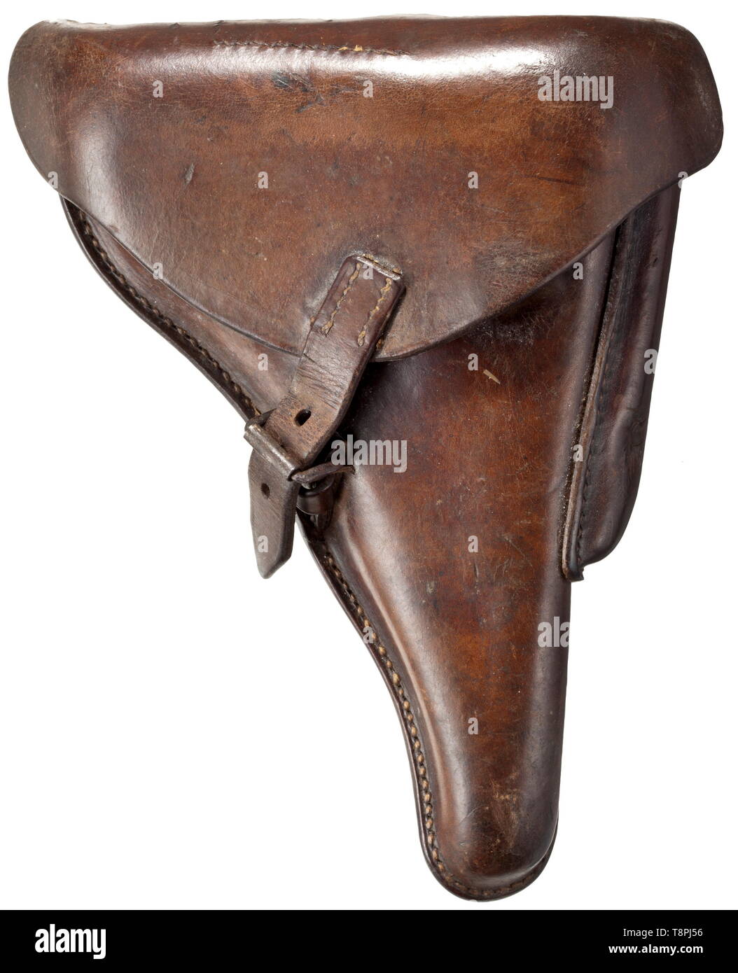 A holster for the P.08 manufacturer 'Voegels / Köln / 1939', blurred WaA acceptance mark Brown, sturdy cowhide with signs of usage. Prong clasp. Lateral magazine pocket. Key slot. Stitching and straps in order. historic, historical, 20th century, Editorial-Use-Only Stock Photo
