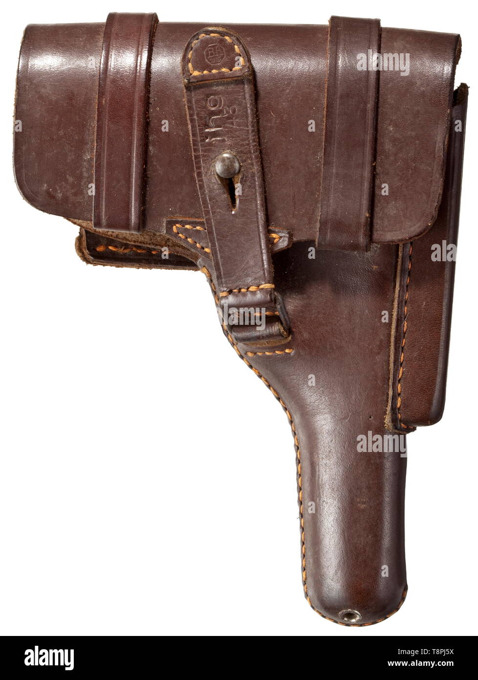 A holster for the FN Mod. 10/22 the closure strap encoded 'jhg 43' for manufacturer Gustav Genschow, Werk Alstadt-Hachenburg Dark-brown leather, cut in Theuermann style, inside cover with ink stamping 'Nur für lange Browning Pistole Kal. 7,65'. Lateral magazine pocket. All red stitching in order. In mint condition. historic, historical, Air Force, branch of service, branches of service, armed service, armed services, military, militaria, air forces, object, objects, stills, clipping, clippings, cut out, cut-out, cut-outs, 20th century, Editorial-Use-Only Stock Photo