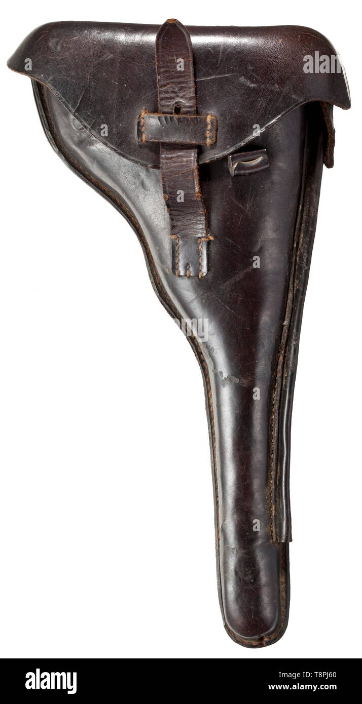 A holster for the Long Pistol 08 embossed in the cover 'A.Wunderlich / Berlin' and troop stamping 'A.R.34' Black, sturdy cowhide with key- and lateral cleaning rod slots. Stitching and straps in order. Little used. historic, historical, 20th century, Editorial-Use-Only Stock Photo