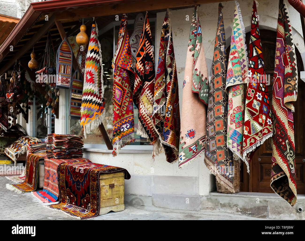 Amazing traditional Turkish carpet store in bazaar. Cappadocia market for tourists. Stock Photo