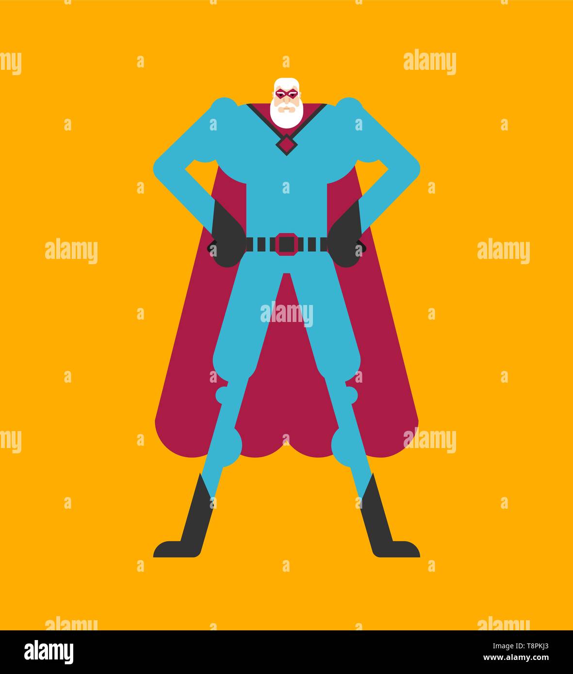 Grandfather superhero. Super granddad in mask and raincoat. Strong old man Stock Vector