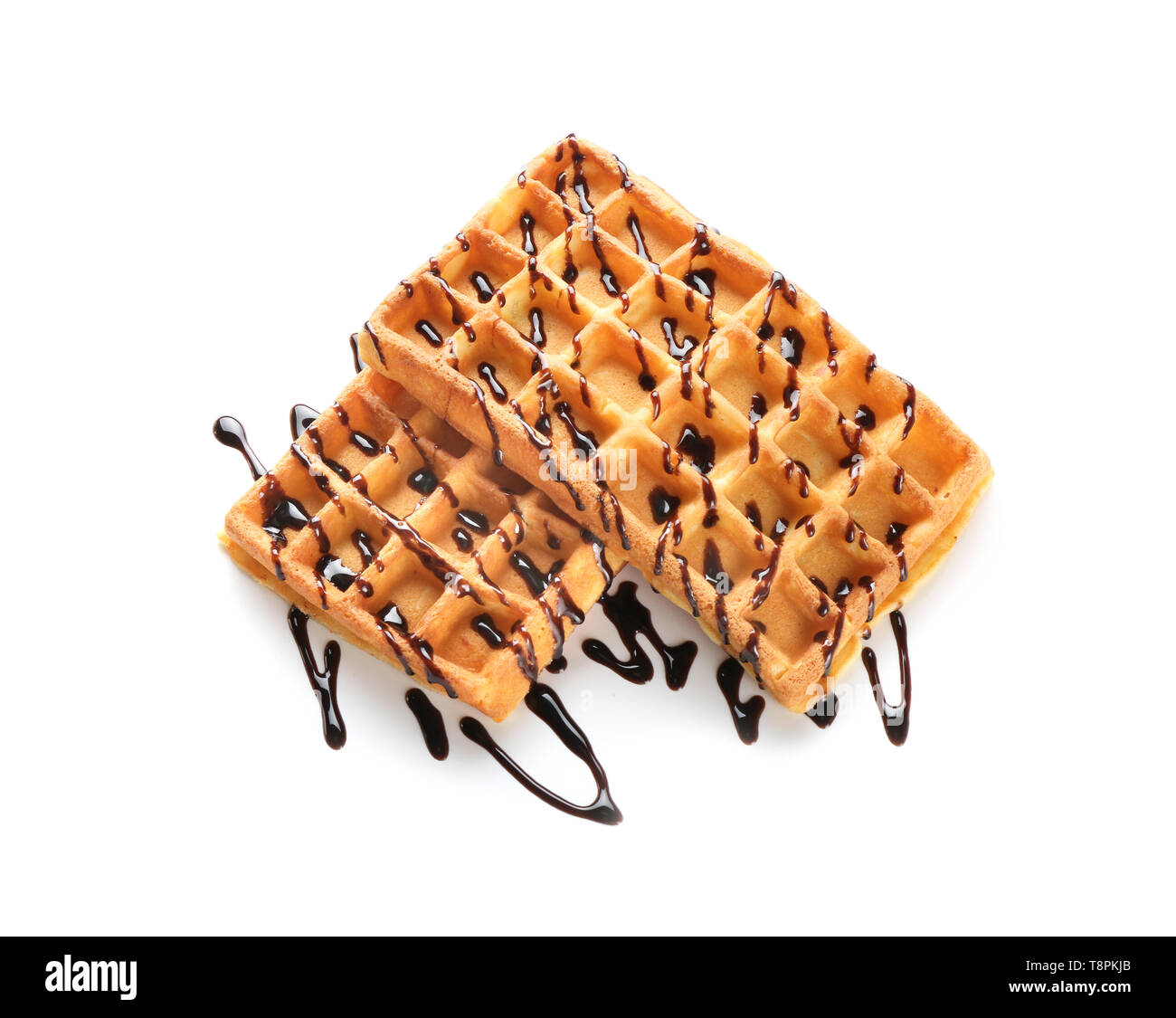 Delicious waffles with chocolate sauce on white background Stock Photo ...