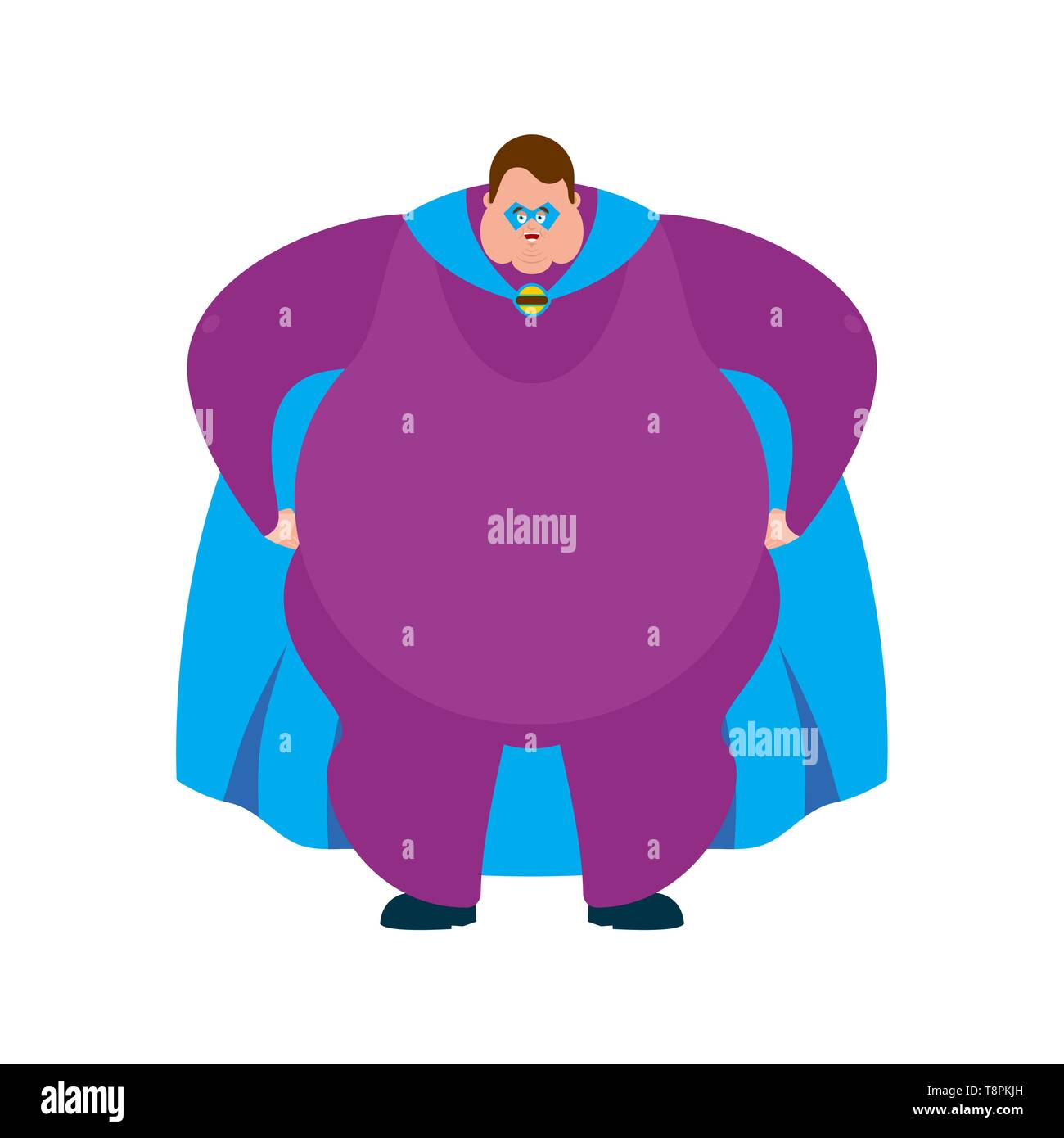 Fat superhero. Super Stout guy in mask and raincoat. Strong Big Man Stock Vector