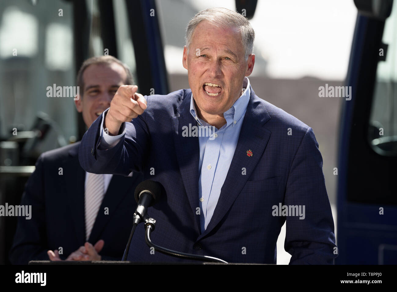 Los Angeles, CA, USA. 3rd May, 2019. Washington State Governor and Democratic presidential candidate Jay Inslee seen speaking while making a gesture during his Climate Mission Tour in Los Angeles, California. Credit: Ronen Tivony/SOPA Images/ZUMA Wire/Alamy Live News Stock Photo