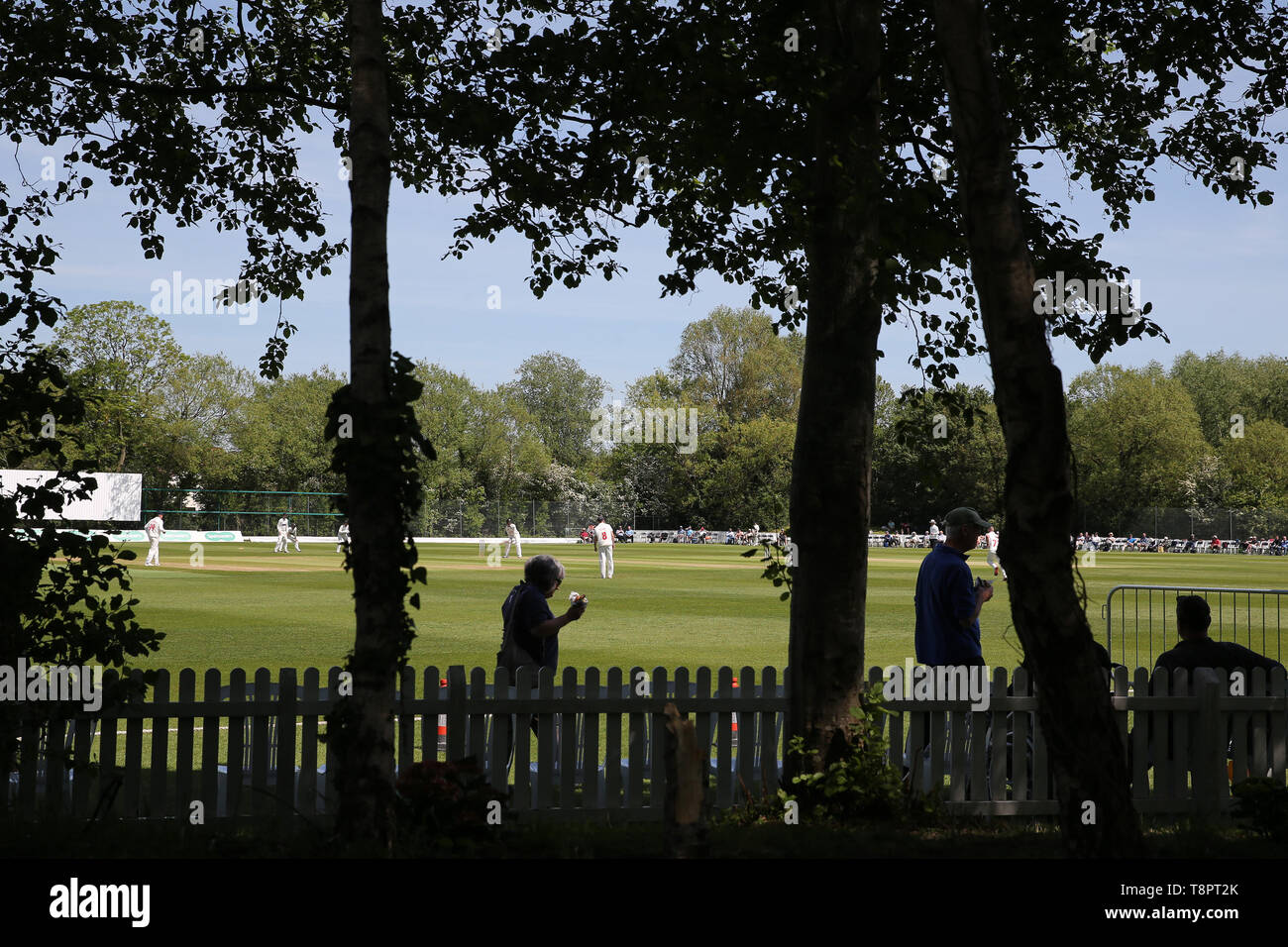 Newport, UK. 14th May, 2019. a general view during the Glamorgan CC v Gloucestershire CC, Specsavers county championship 4 day match, day 1 on Tuesday 14th May 2019 at Spytty Park in Newport, South Wales. This historic match is the first time in 54 years that a 1st class Cricket match has been held in Newport. pic by Andrew Orchard/Andrew Orchard sports photography Credit: Andrew Orchard sports photography/Alamy Live News Stock Photo