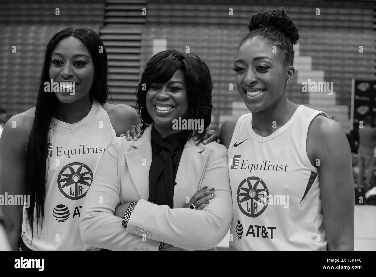 WNBA 2019: Los Angeles Sparks forward Nneka Ogwumike #30, Los Angeles Sparks forward Chiney Ogwumike #13 with GM Penny Toler during Los Angeles Sparks Media Day May 14, 2019 at Los Angeles Southwest College. (Photo by Jevone Moore) Stock Photo