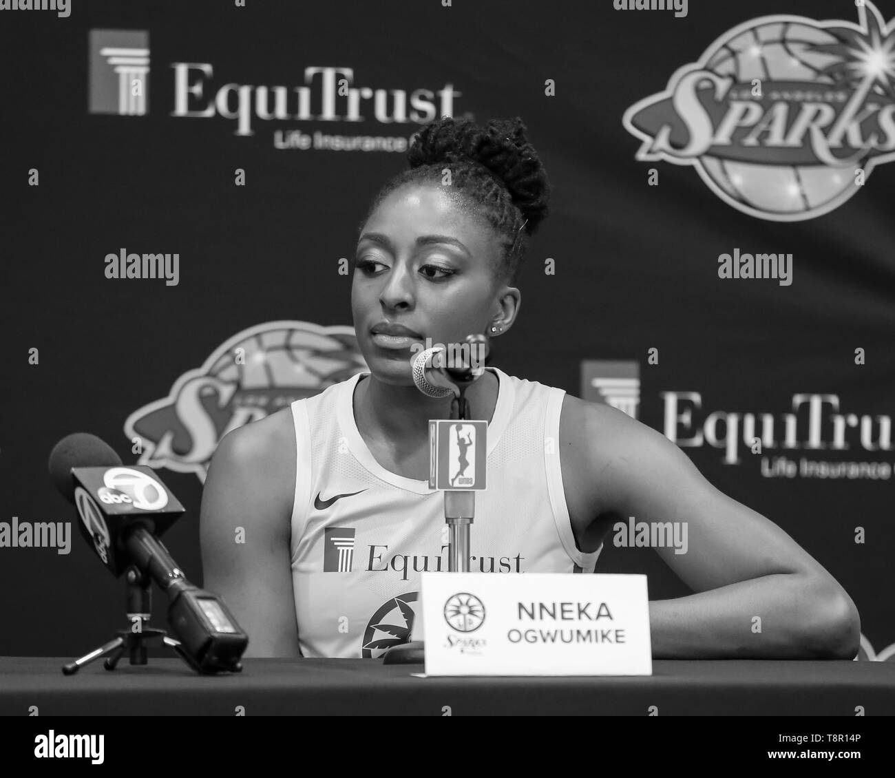 WNBA 2019: Los Angeles Sparks forward Nneka Ogwumike #30 during Los Angeles Sparks Media Day May 14, 2019 at Los Angeles Southwest College. (Photo by Jevone Moore) Stock Photo