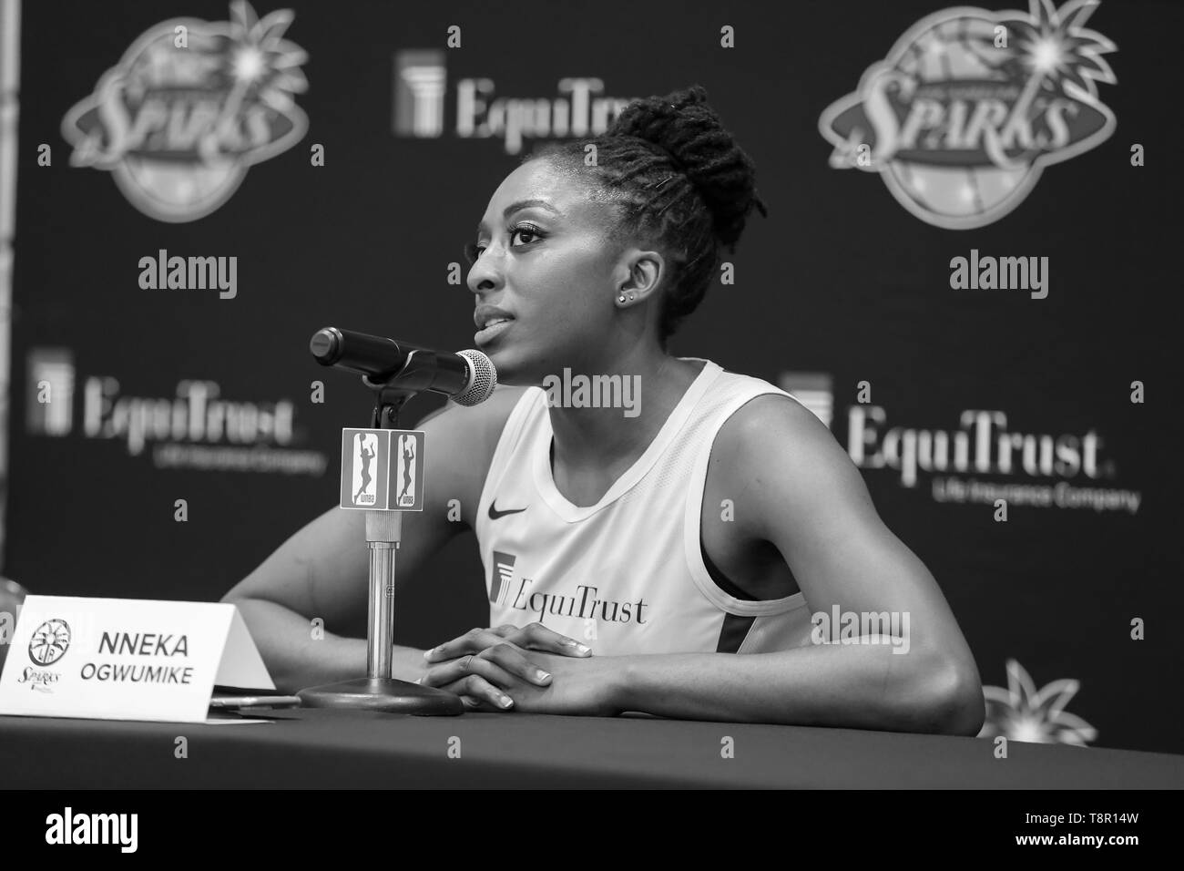 WNBA 2019: Los Angeles Sparks forward Nneka Ogwumike #30 during Los Angeles Sparks Media Day May 14, 2019 at Los Angeles Southwest College. (Photo by Jevone Moore) Stock Photo