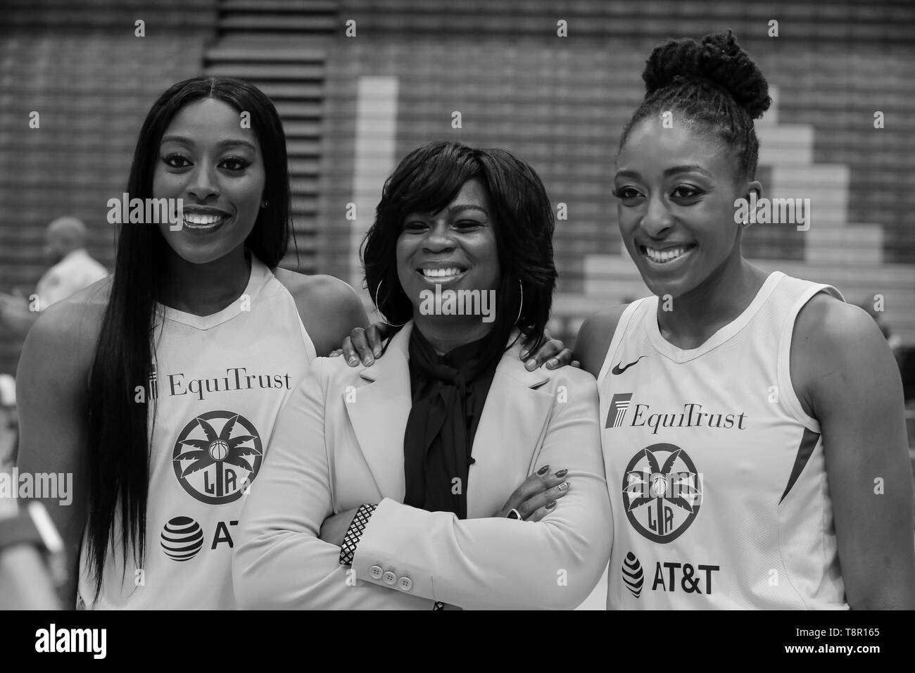 WNBA 2019: Los Angeles Sparks forward Nneka Ogwumike #30, Los Angeles Sparks forward Chiney Ogwumike #13 with GM Penny Toler during Los Angeles Sparks Media Day May 14, 2019 at Los Angeles Southwest College. (Photo by Jevone Moore) Stock Photo