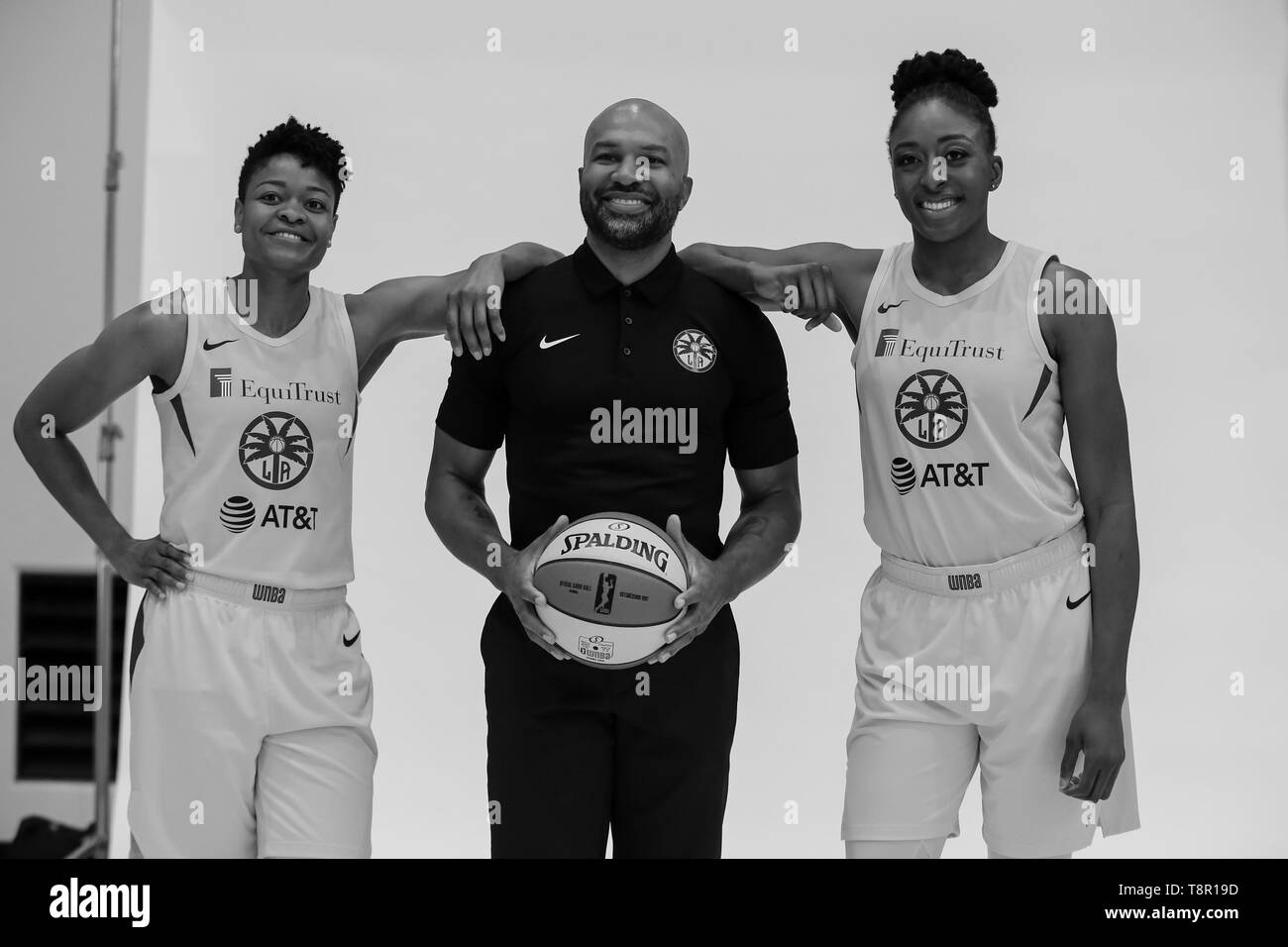 WNBA 2019: Los Angeles Sparks guard Alana Beard #0, Los Angeles Sparks forward Nneka Ogwumike #30 with coach Derek Fisher during Los Angeles Sparks Media Day May 14, 2019 at Los Angeles Southwest College. (Photo by Jevone Moore) Stock Photo