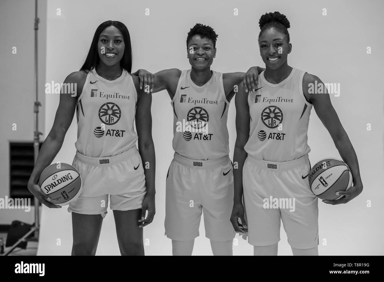 WNBA 2019: Los Angeles Sparks forward Chiney Ogwumike #13, Los Angeles Sparks guard Alana Beard #0, and Los Angeles Sparks forward Nneka Ogwumike #30 during Los Angeles Sparks Media Day May 14, 2019 at Los Angeles Southwest College. (Photo by Jevone Moore) Stock Photo
