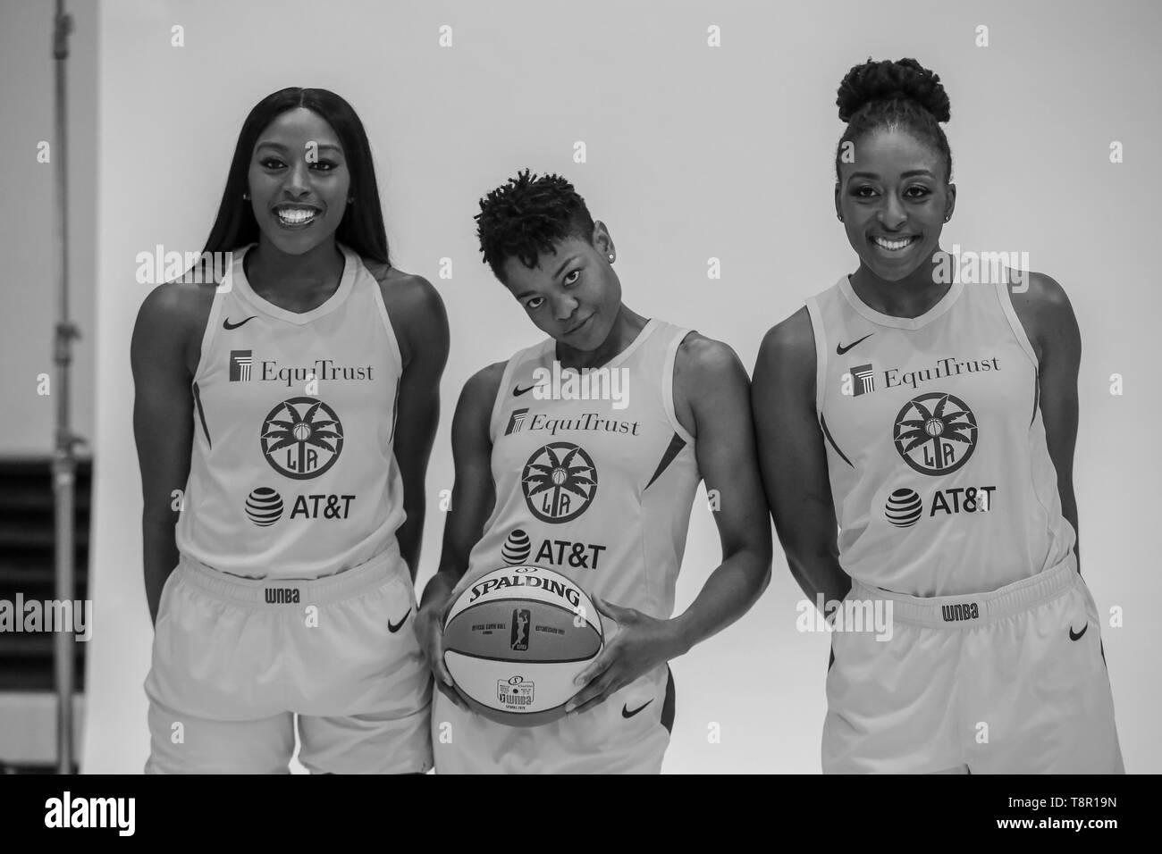 WNBA 2019: Los Angeles Sparks forward Chiney Ogwumike #13, Los Angeles Sparks guard Alana Beard #0, and Los Angeles Sparks forward Nneka Ogwumike #30 during Los Angeles Sparks Media Day May 14, 2019 at Los Angeles Southwest College. (Photo by Jevone Moore) Stock Photo