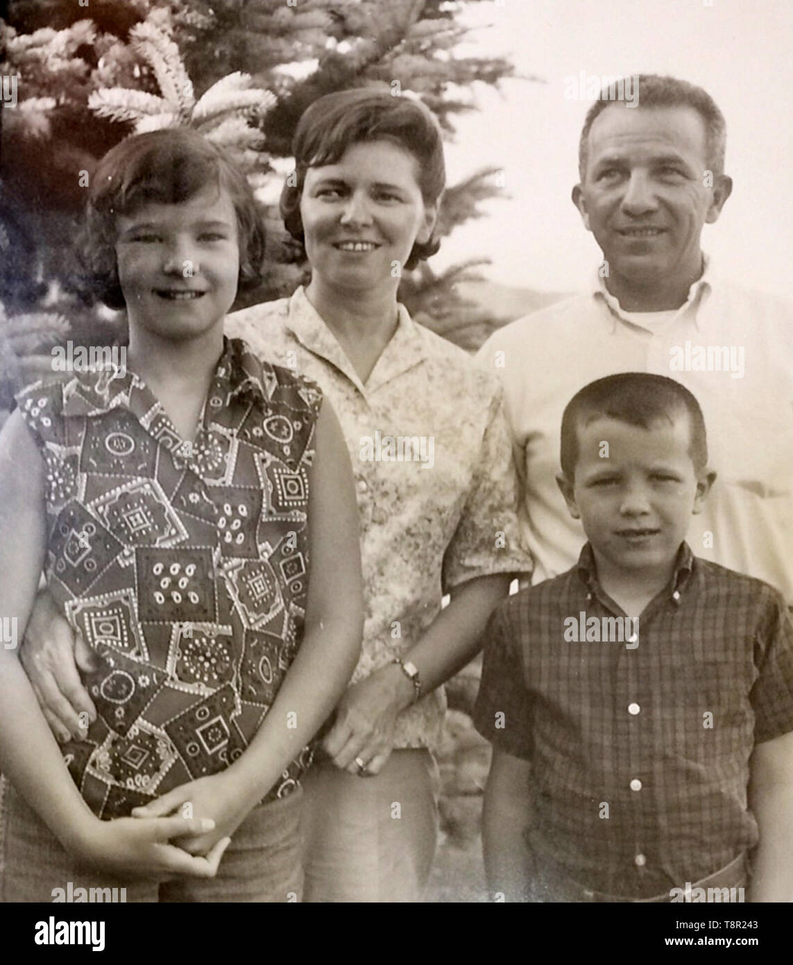 (190514) -- NEW YORK, May 14, 2019 (Xinhua) -- James E. Bryant (R, rear), his wife Dorothy Bryant (L, rear), daughter Babs Bryant (L, front) and son James Bryant are pictured in Colorado, the United States, 1964. James Bryant will never forget the day when his 93-year-old father went back to his bedroom and came back with a flight brief case containing papers related to the training and assignments he took as a U.S. Flying Tiger pilot during the World War II. As a 'remarkable' yet 'humble' man and a loving father, James E. Bryant did not show any detailed evidence about his war experience unt Stock Photo