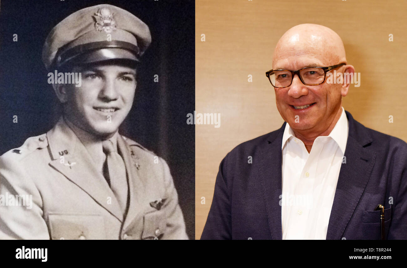 (190514) -- NEW YORK, May 14, 2019 (Xinhua) -- Combo photo shows James E. Bryant in Florida, the United States, 1943 (L) and his son James Bryant in Las Vegas, the United States, May 10, 2019. James Bryant will never forget the day when his 93-year-old father went back to his bedroom and came back with a flight brief case containing papers related to the training and assignments he took as a U.S. Flying Tiger pilot during the World War II. As a 'remarkable' yet 'humble' man and a loving father, James E. Bryant did not show any detailed evidence about his war experience until about three years Stock Photo
