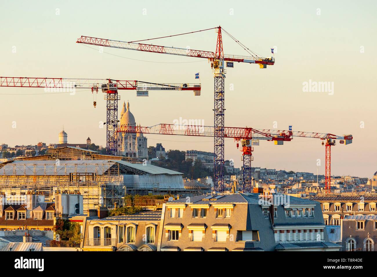 France, Paris, general view with construction cranes and the Sacred Heart Stock Photo