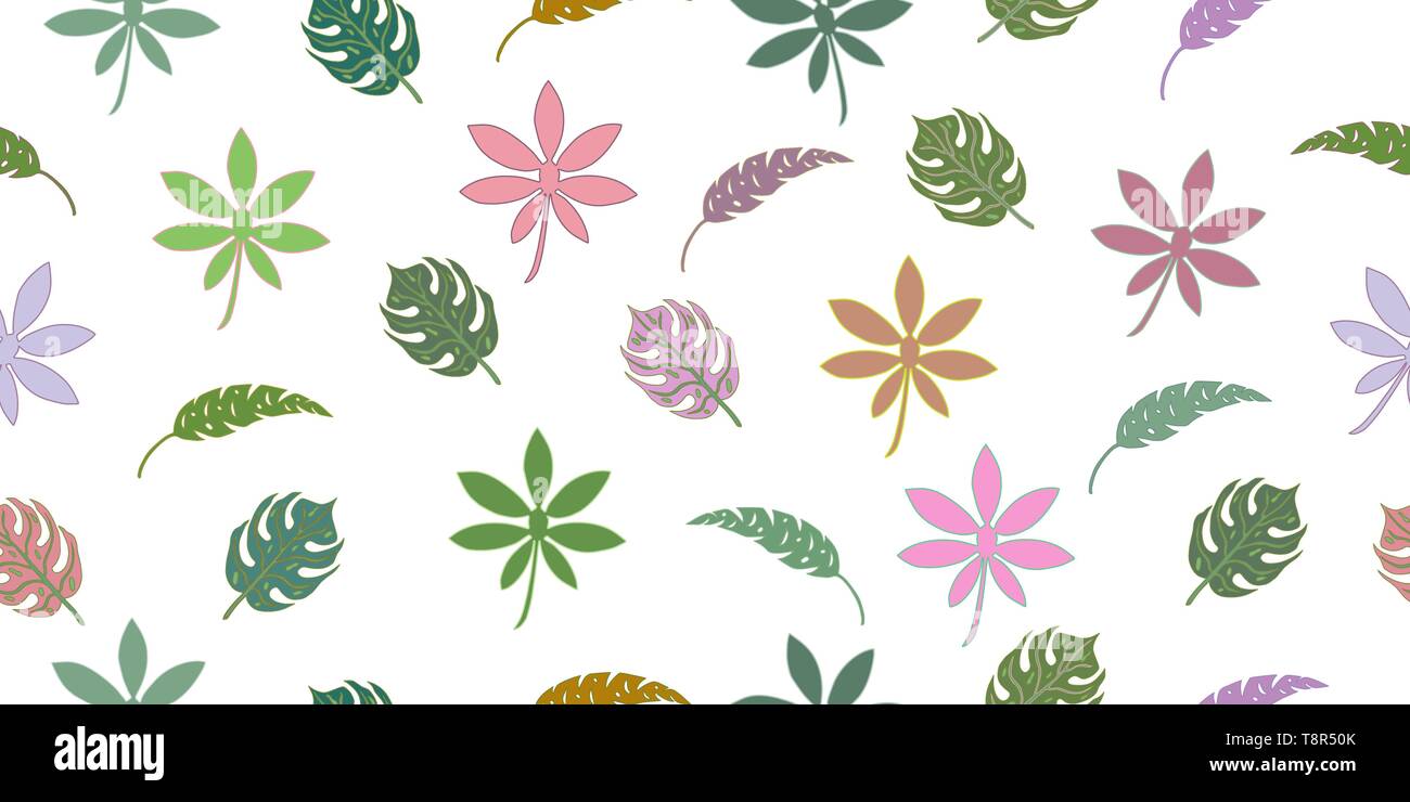 Seamless pattern with tropical leaves and herbs. Isolated elements on a ...