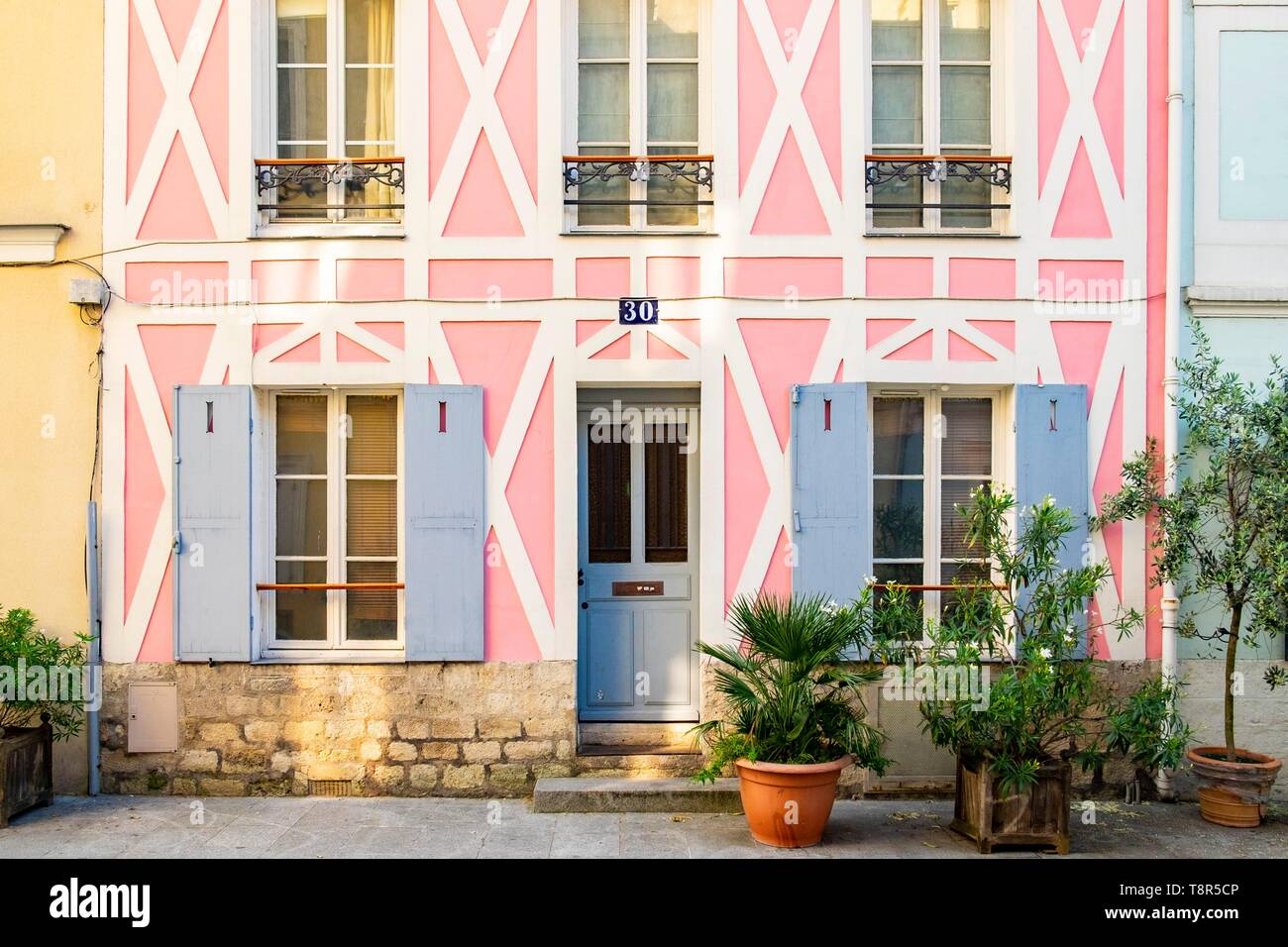 France, Paris, district of Quinze Vingts, rue Cremieux is a pedestrian and paved street, lined with small pavilions with colorful facades Stock Photo